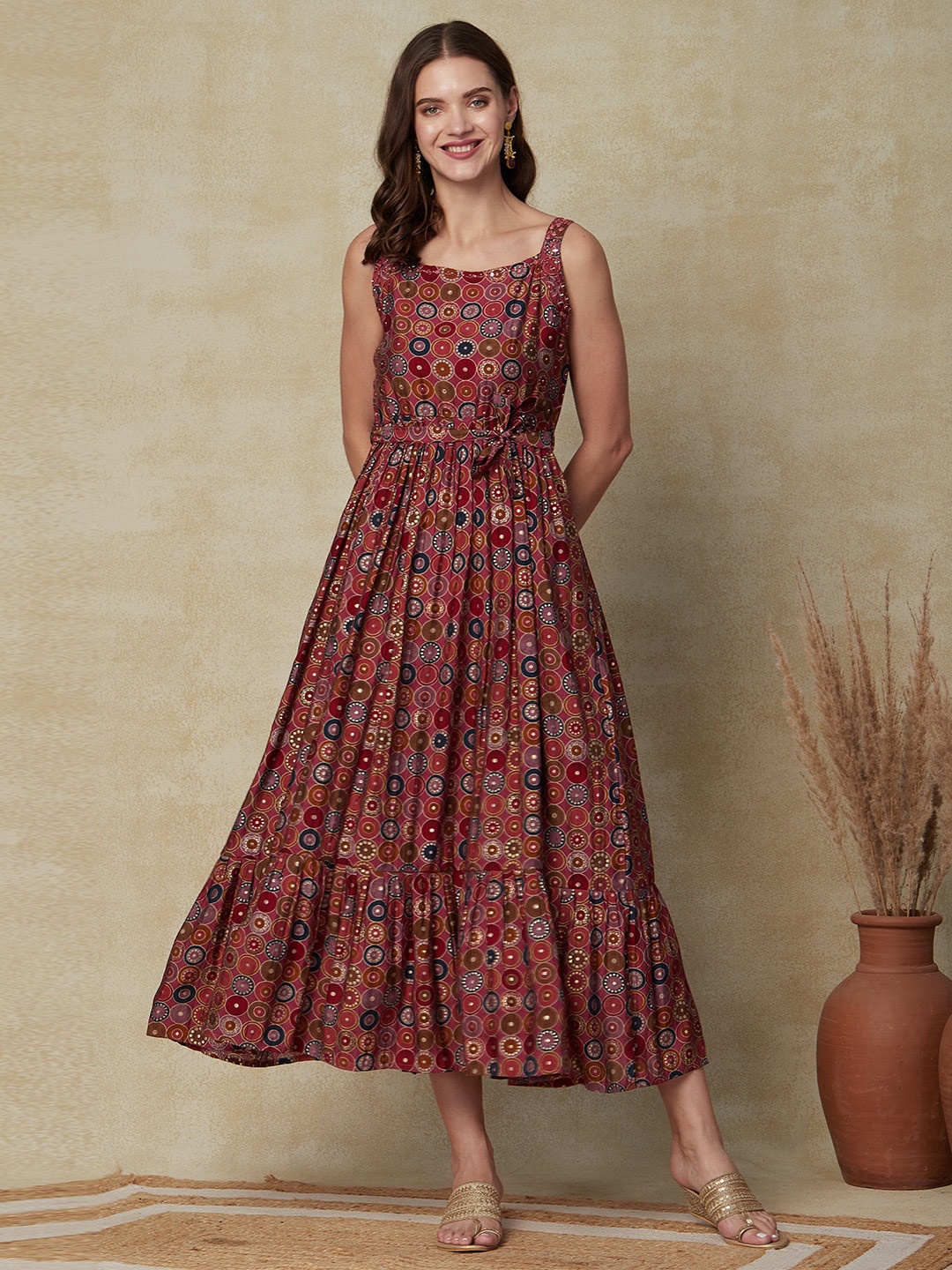 

FASHOR Ethnic Motifs Shoulder Strap Tie-Ups Pleated Midi Ethnic Dress With Belt, Pink