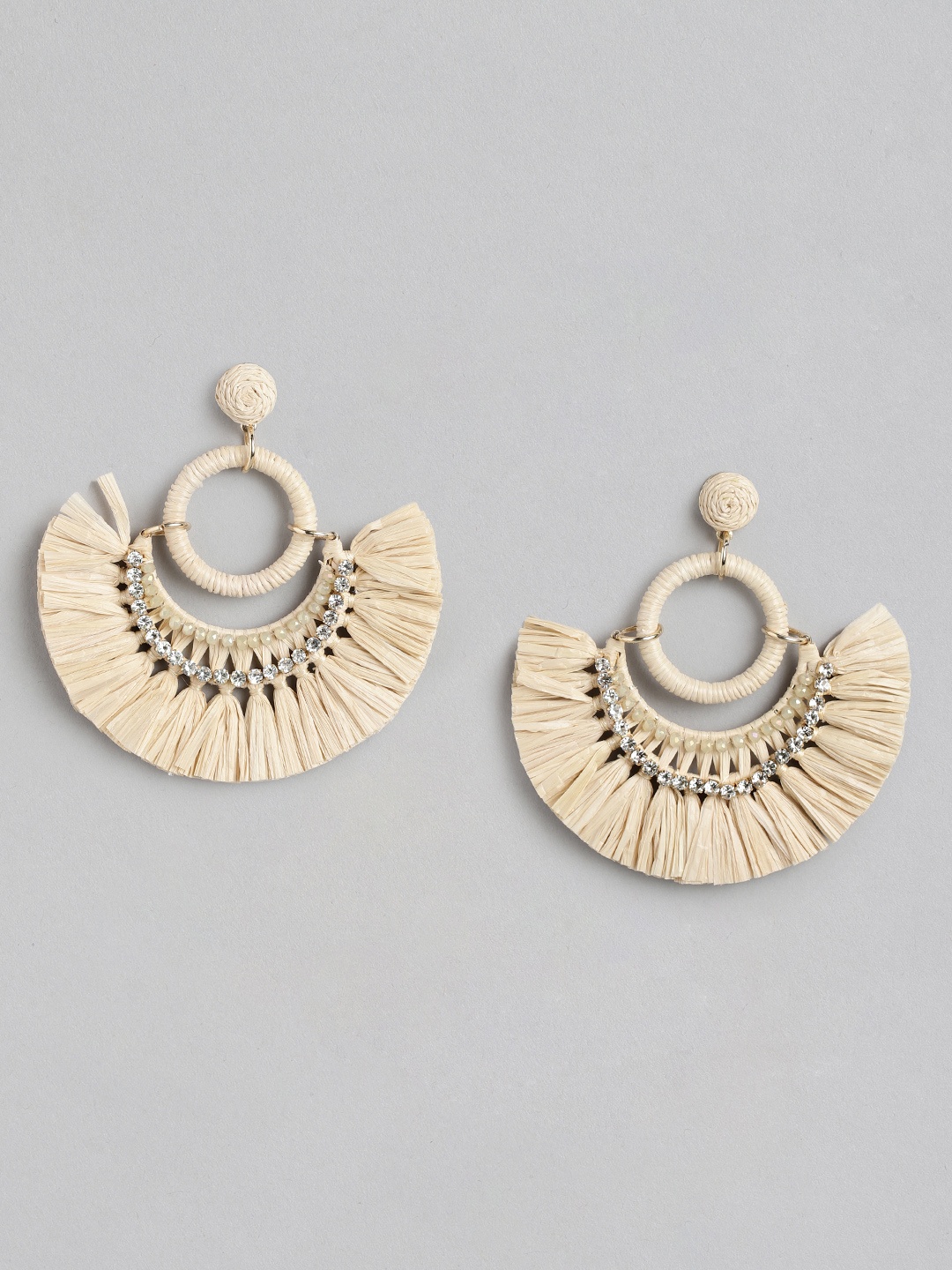 

Forever New Zena Weave Raffia Circular Artificial Stones Studded Drop Earrings, Beige