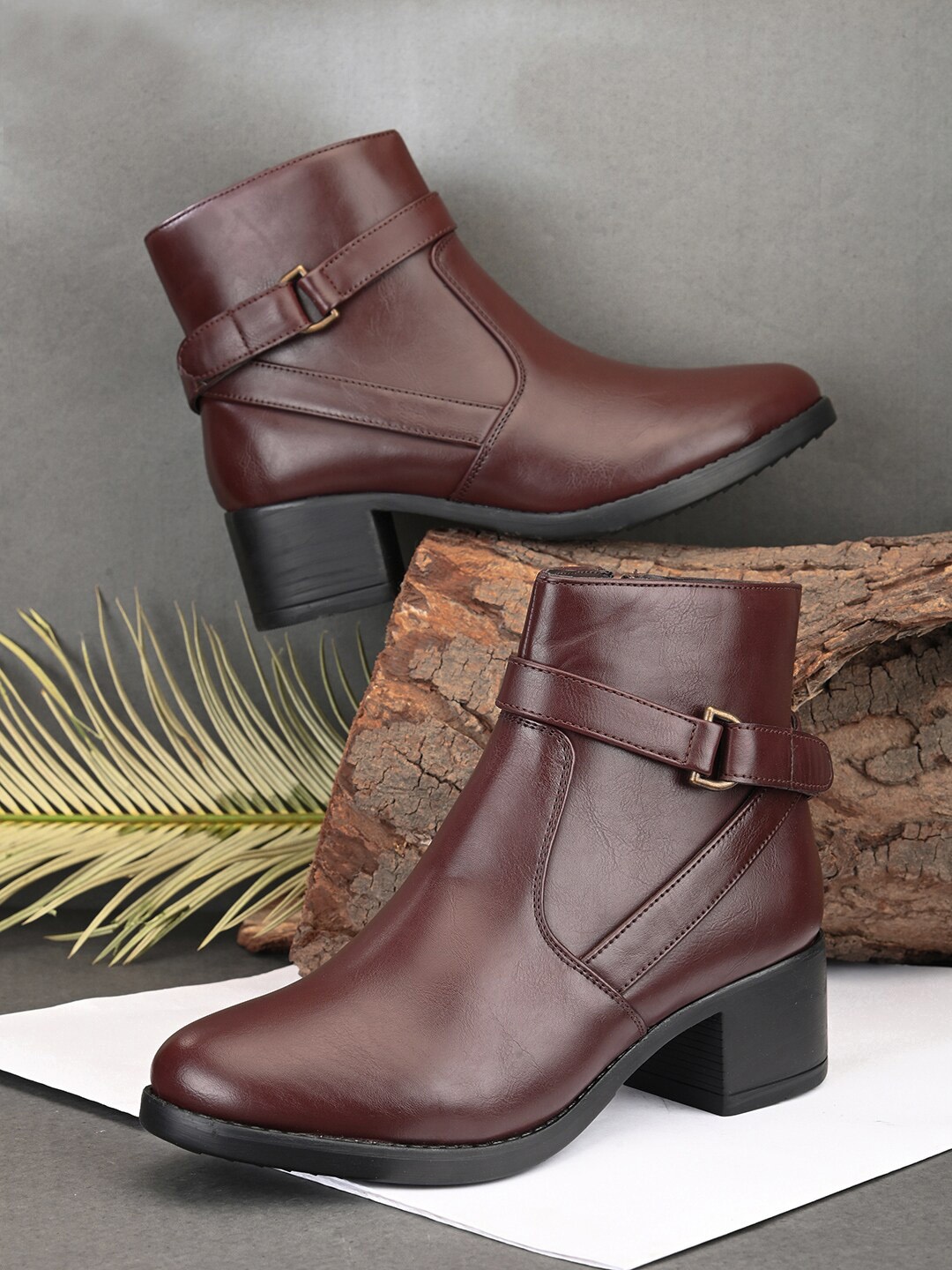 

DressBerry Women Maroon Heeled Buckle Detail Mid-Top Regular Boots