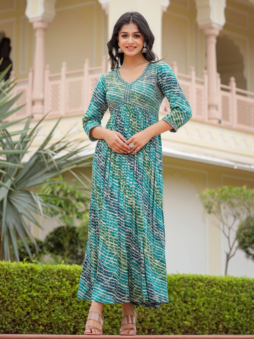 

FASHION DWAR Ethnic Motifs Printed A-Line Ethnic Dress, Green