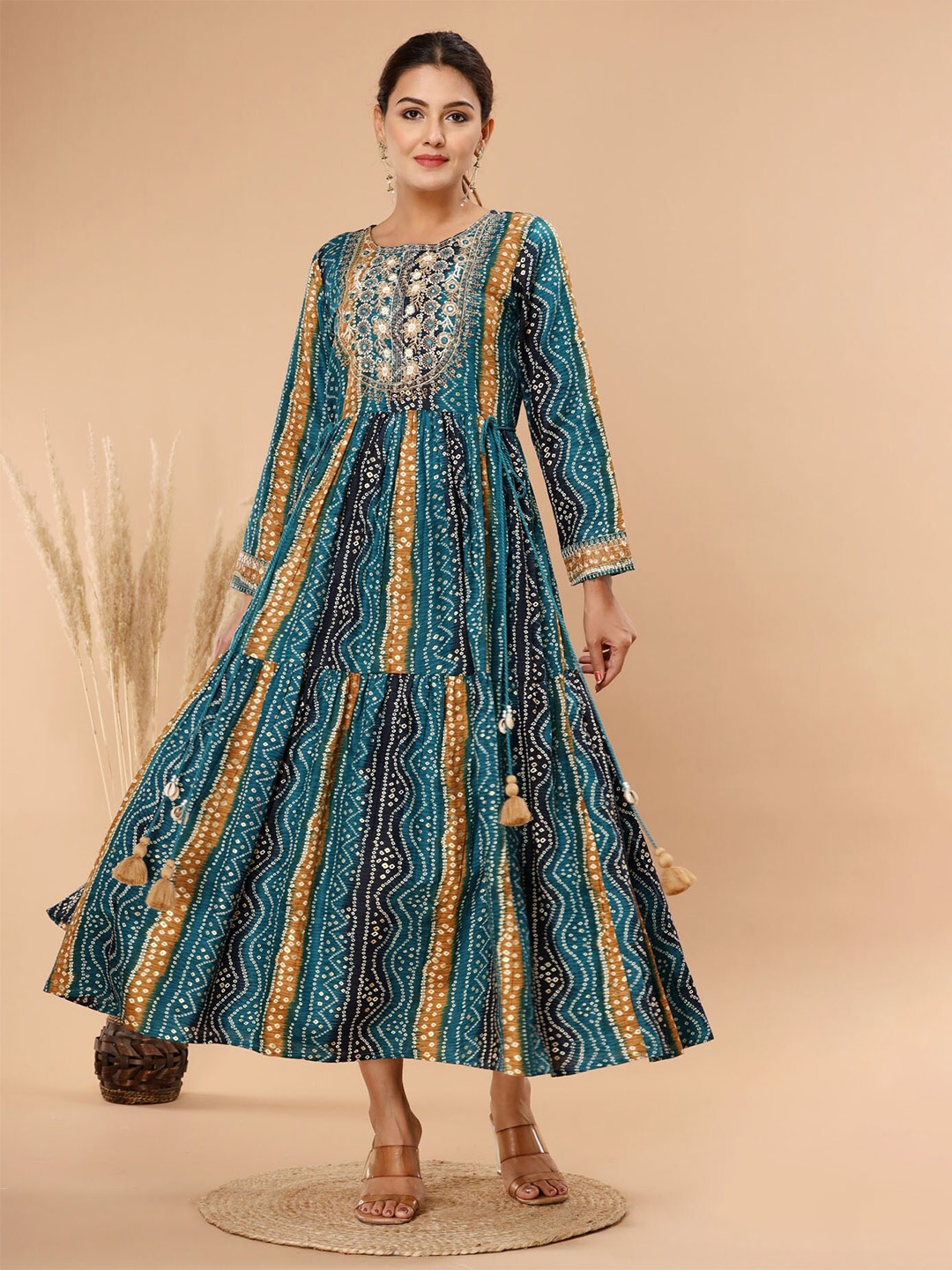 

FASHION DWAR Ethnic Motifs Printed Embroidered Pure Cotton Fit & Flare Dress, Blue