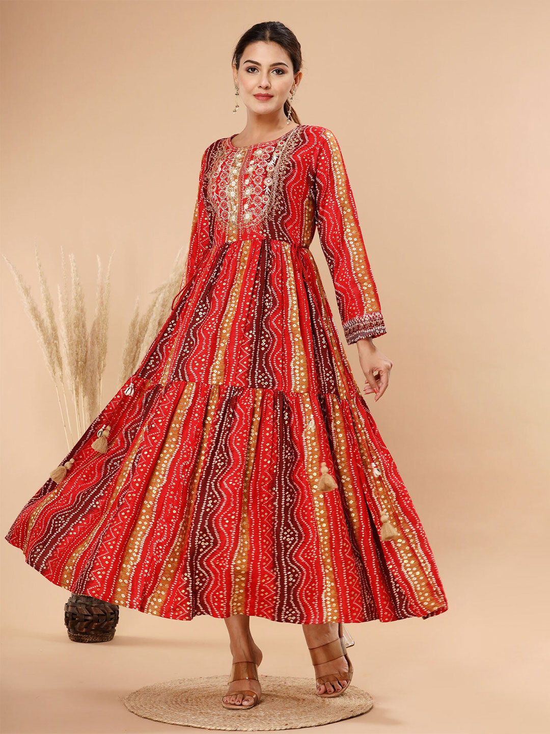 

FASHION DWAR Ethnic Motifs Printed Embroidered Detail Cotton Fit and Flare Ethnic Dresses, Red