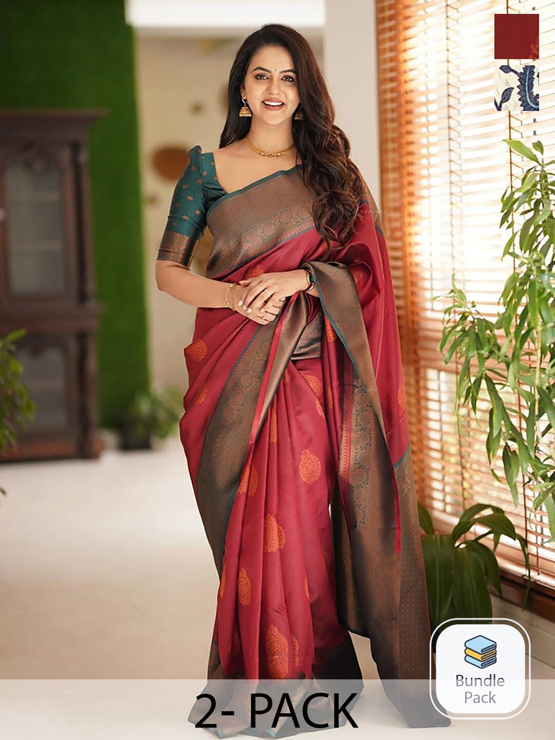 

Saree mall Selection Of 2 Woven Design Zari Bagru Sarees, Maroon