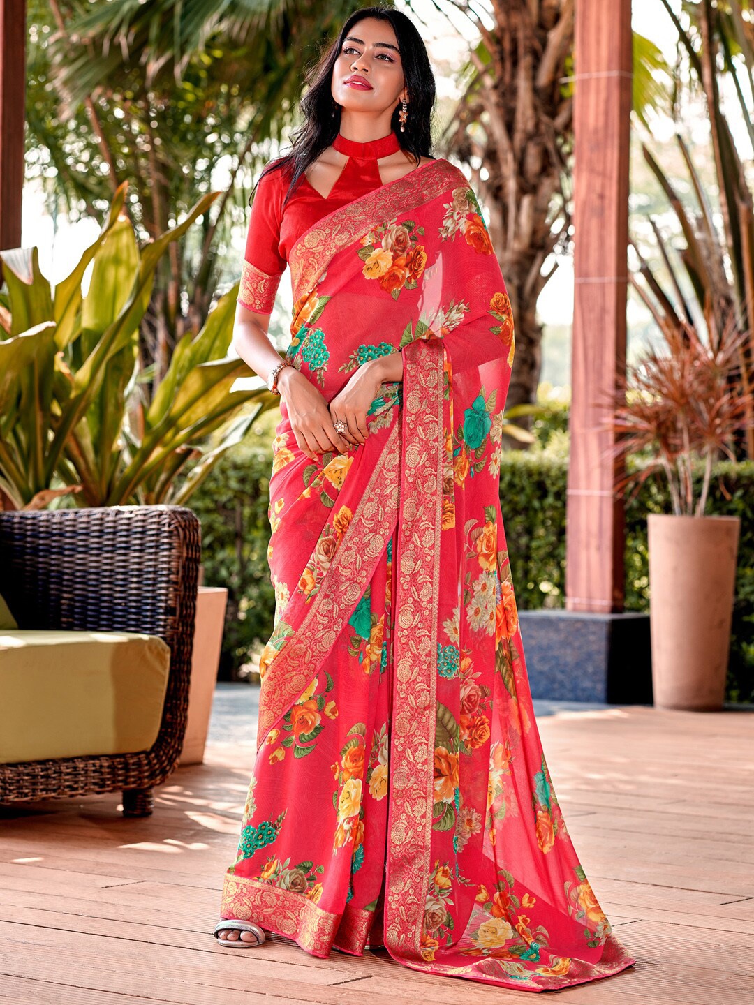 

Saree mall Floral Printed Zari Pure Georgette Sarees, Pink