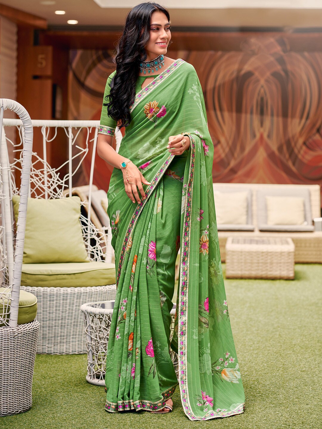 

Saree mall Green & Pink Floral Printed Pure Georgette Sarees