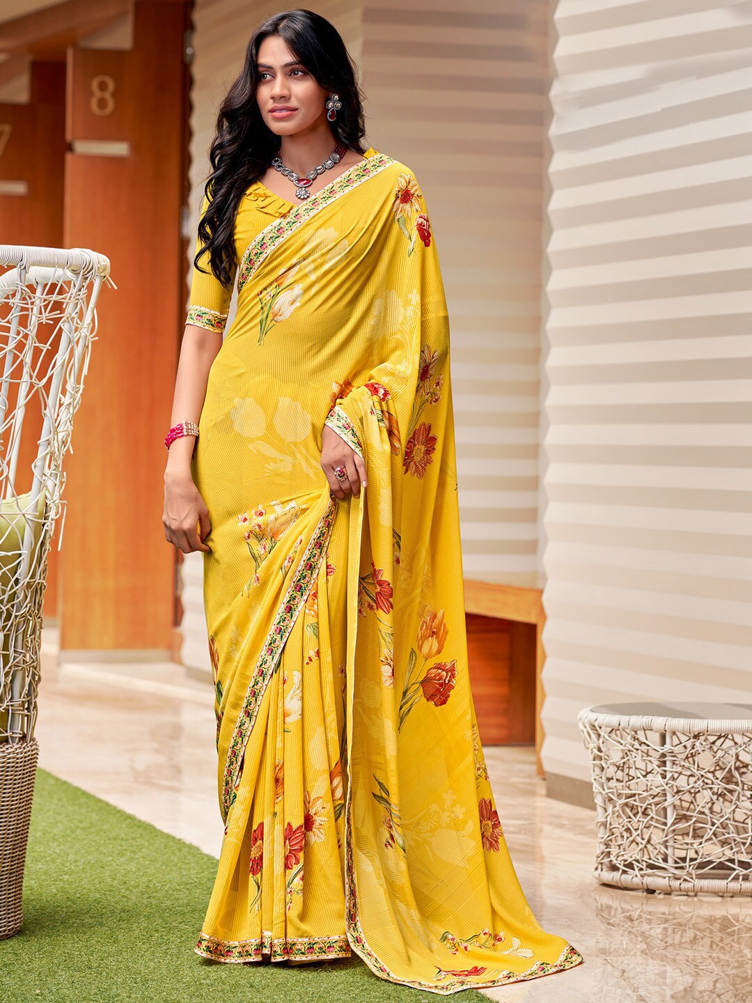 

Saree mall Floral Printed Pure Georgette Sarees, Yellow