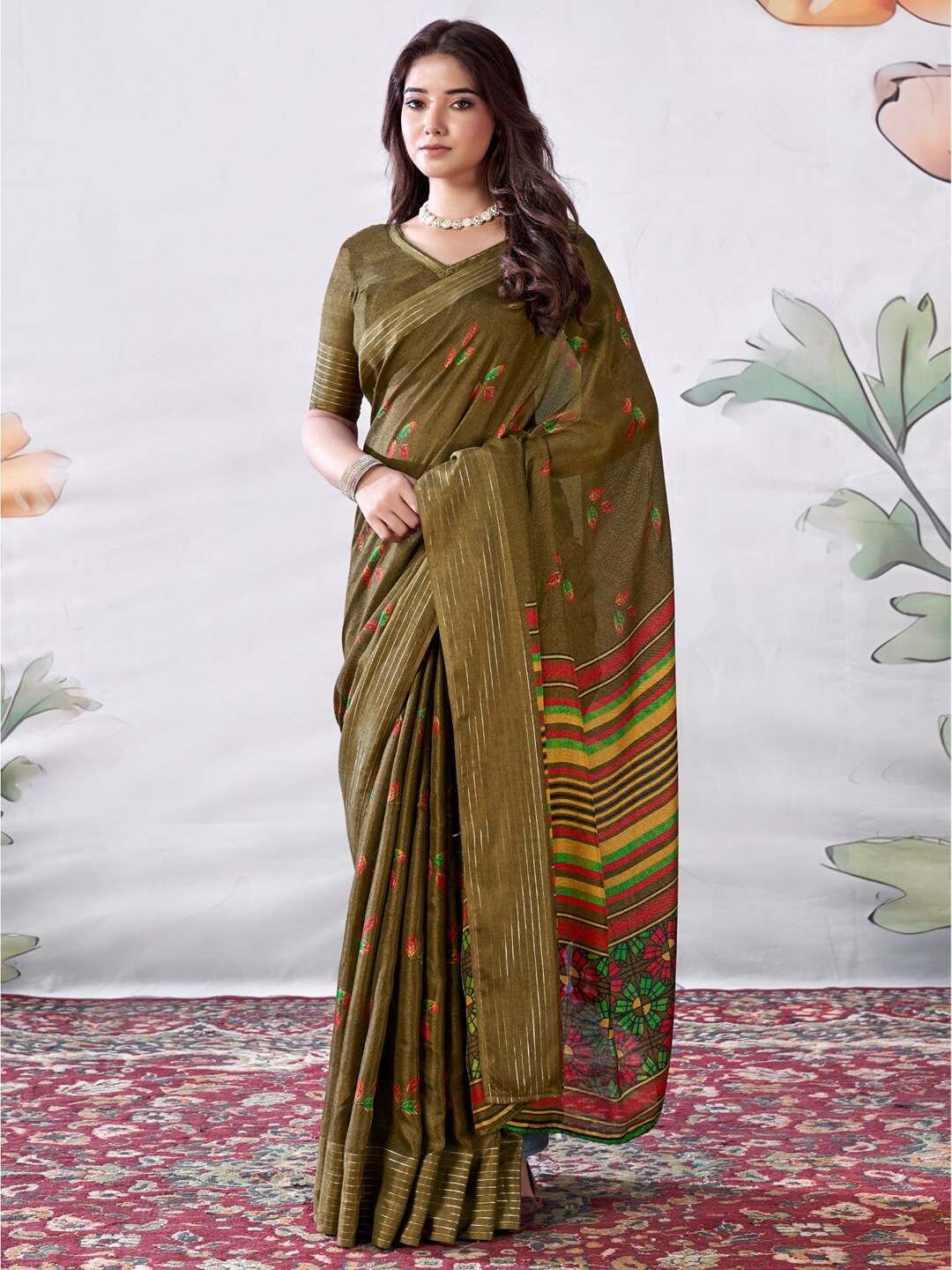 

Saree mall Floral Printed Jute Silk Bagru Sarees, Olive