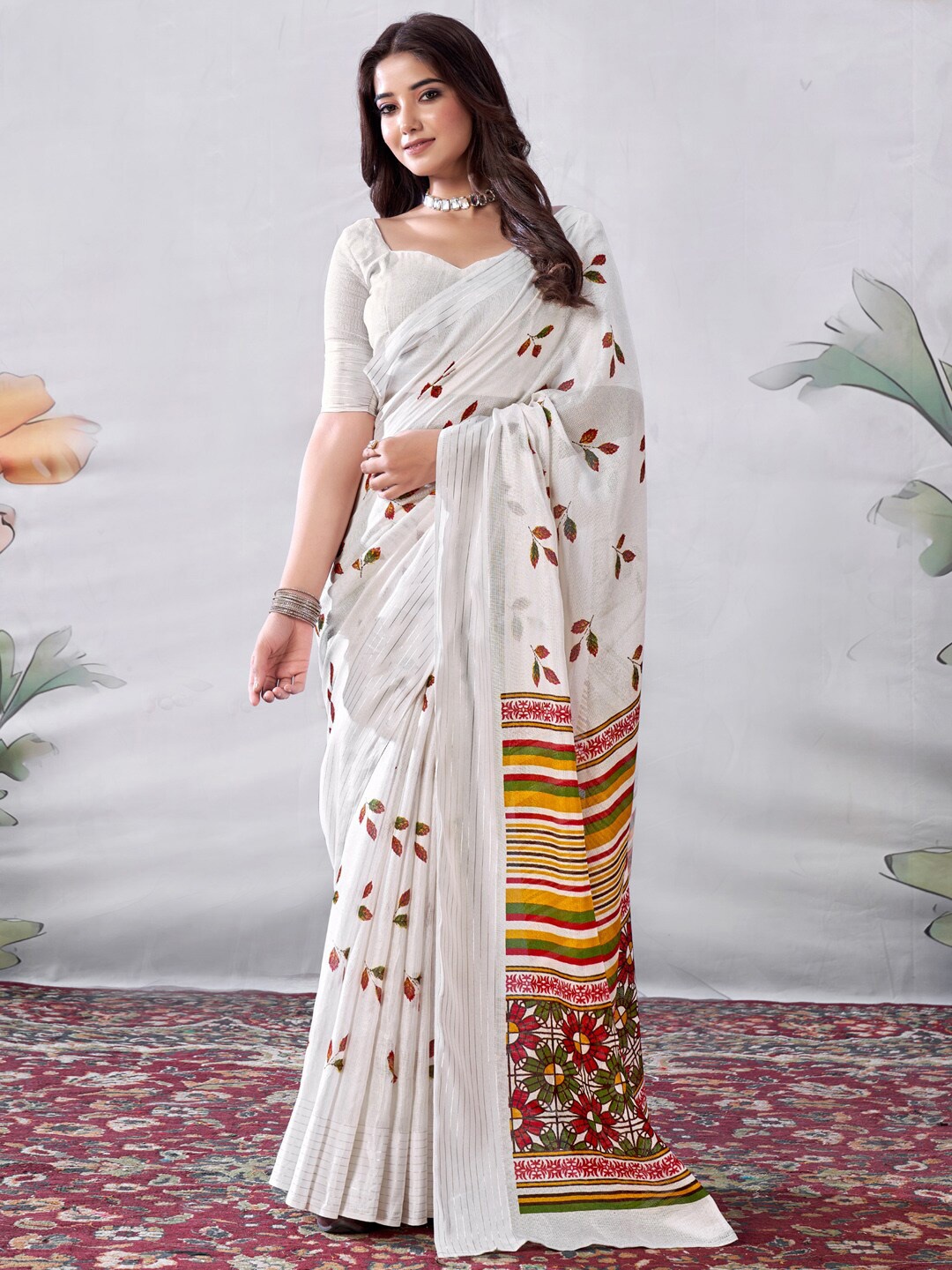 

Saree mall Floral Printed Jute Silk Bagru Sarees, White
