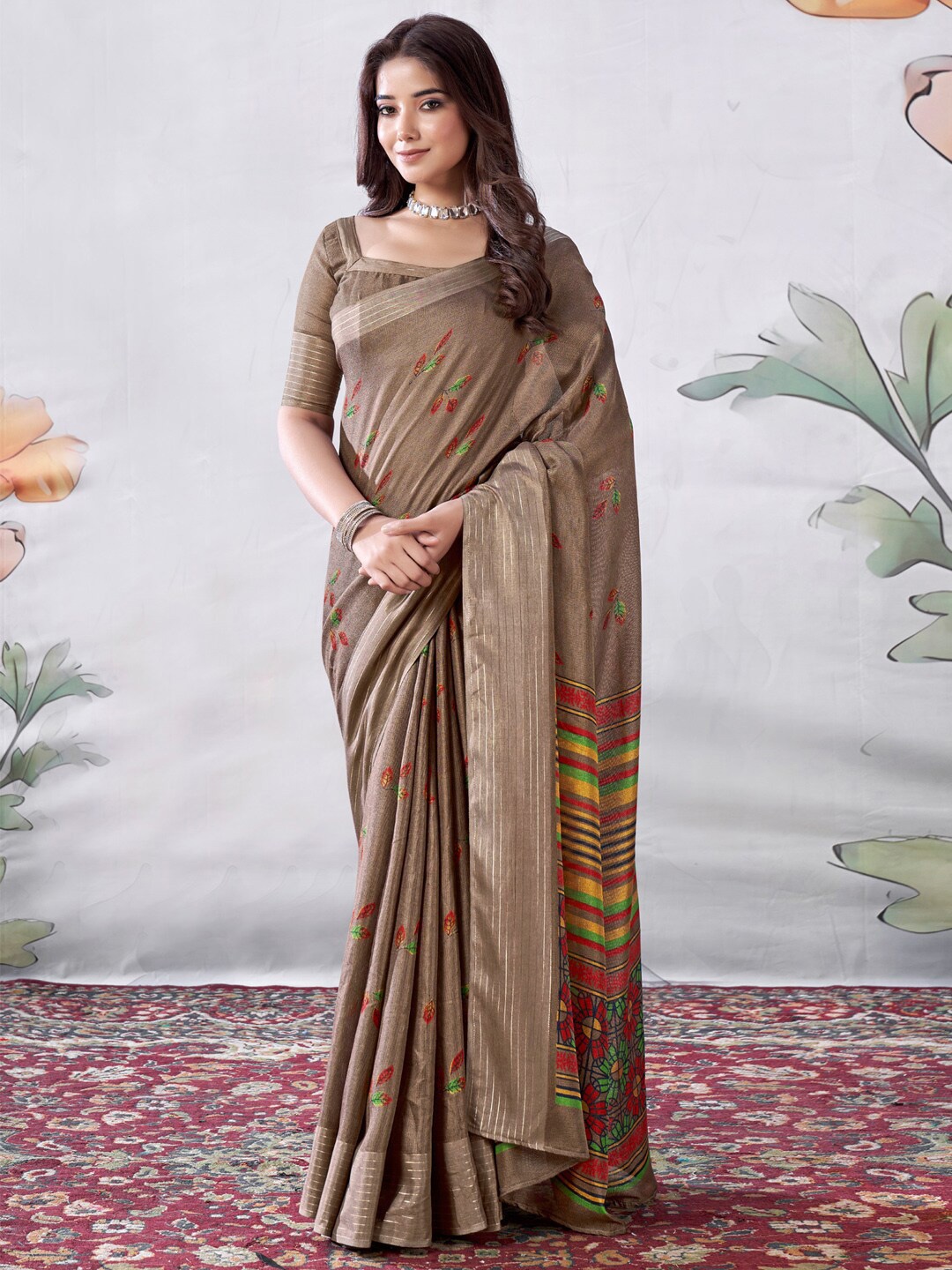 

Saree mall Brown & Red Floral Printed Jute Silk Bagru Sarees