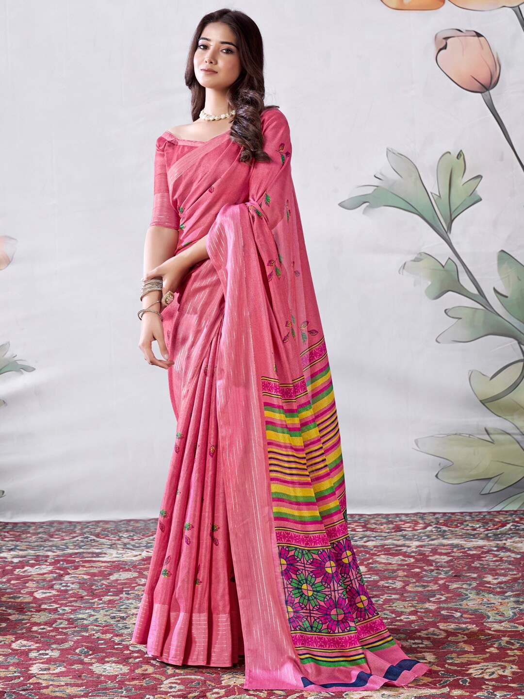 

Saree mall Floral Printed Jute Silk Bagru Sarees, Pink