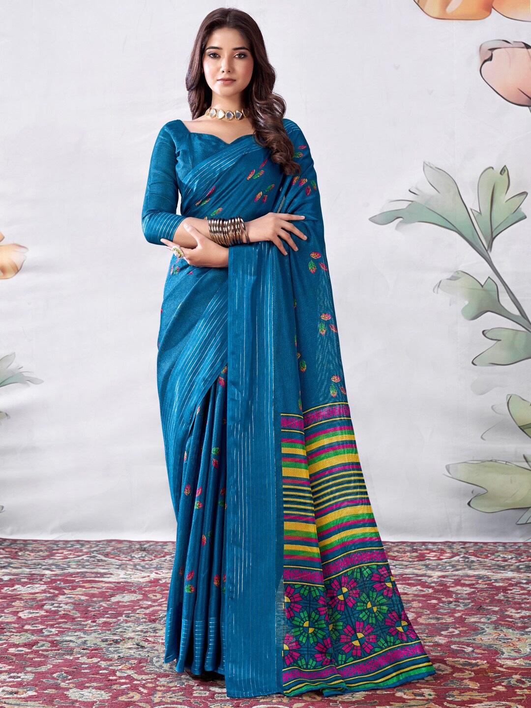 

Saree mall Blue Floral Printed Jute Silk Saree