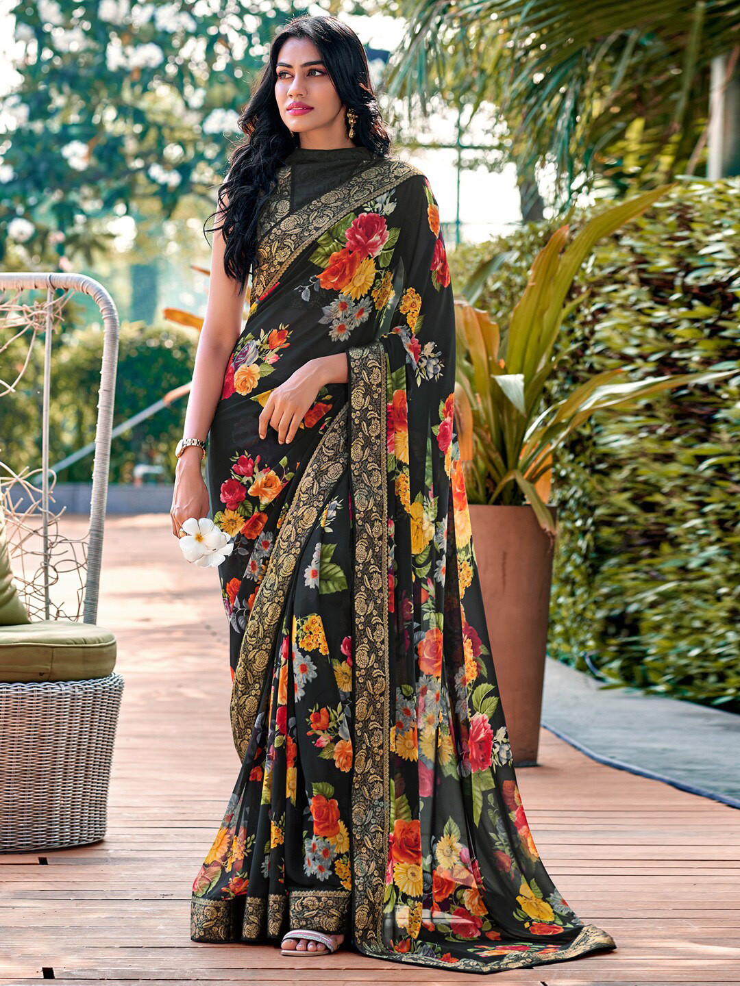 

Saree mall Floral Printed Zari Sarees, Black