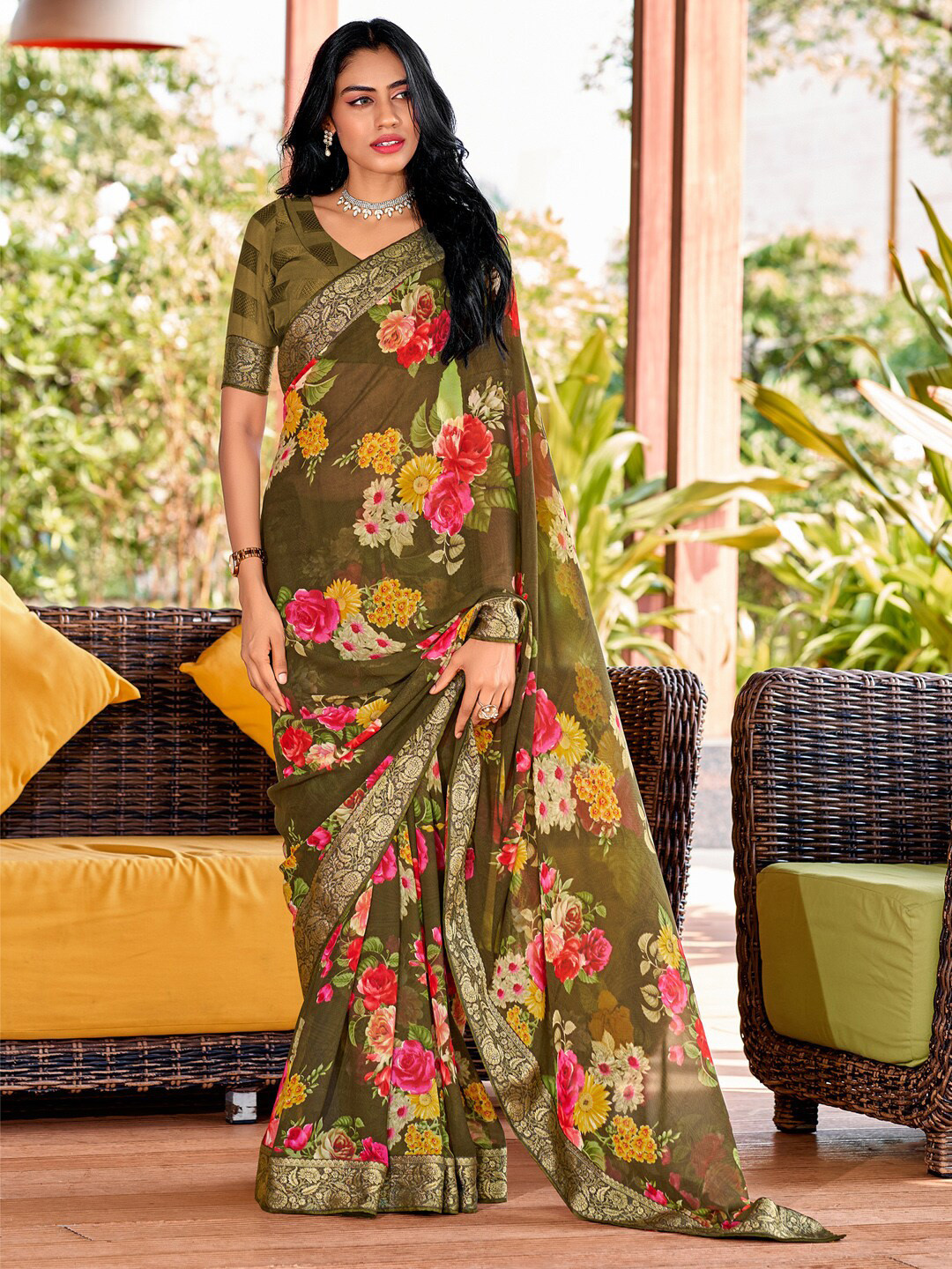 

Saree mall Floral Printed Zari Sarees, Olive