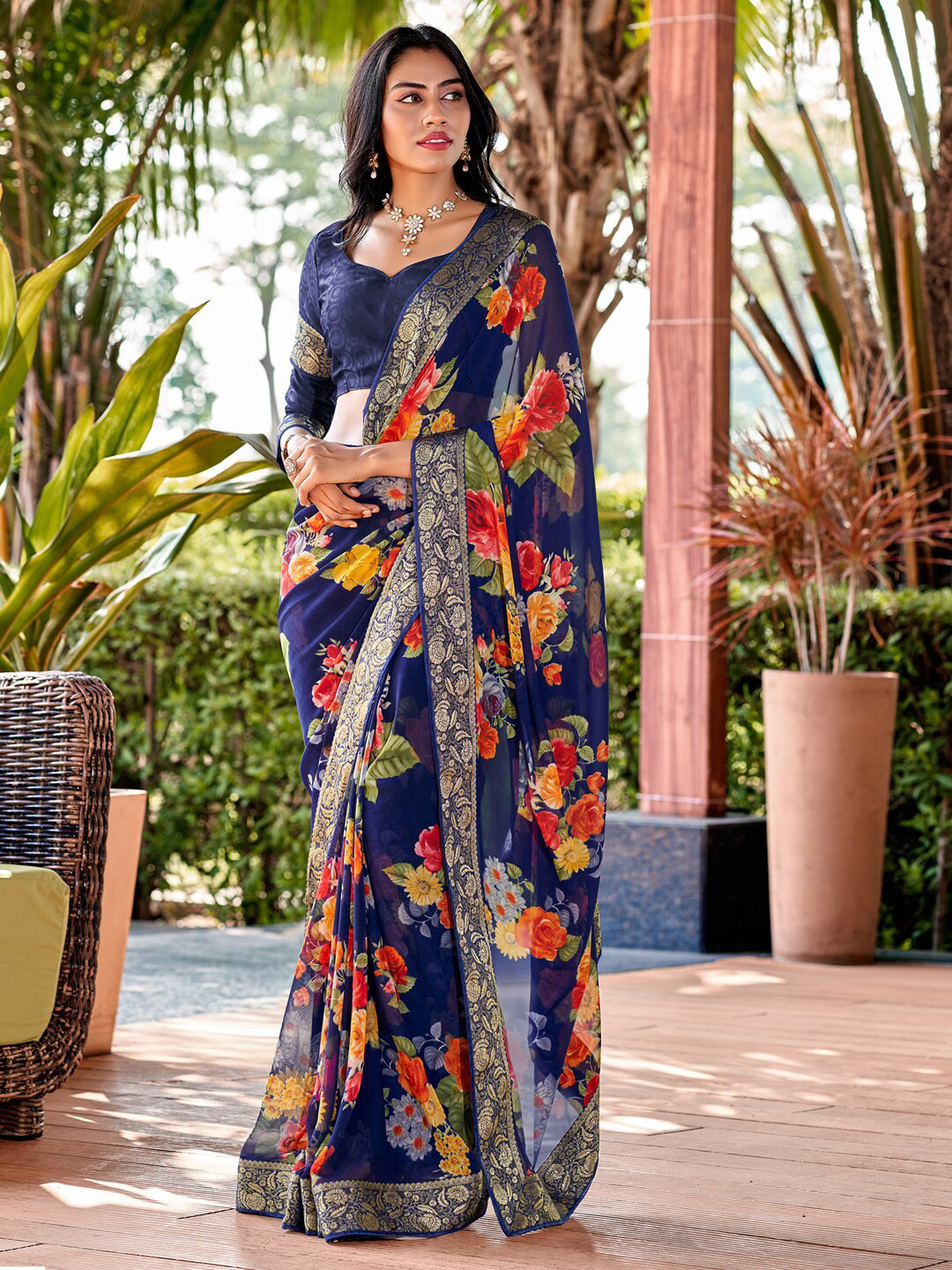 

Saree mall Floral Printed Pure Georgette Sarees, Navy blue