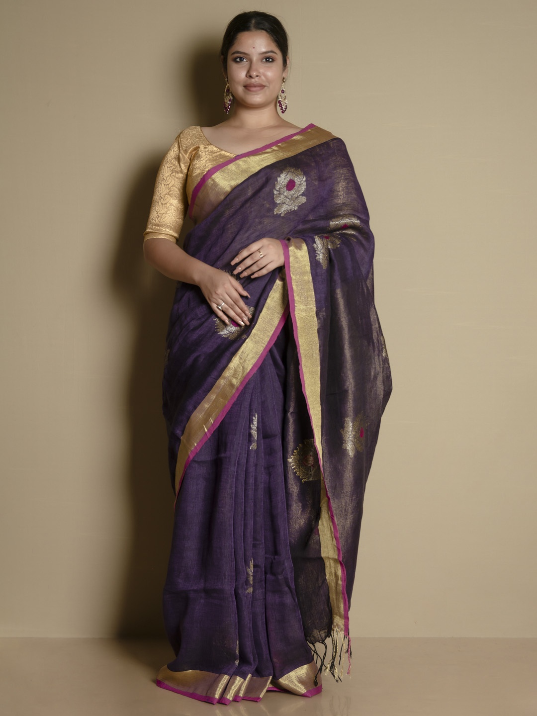 

SARIKA Ethnic Motifs Woven Design Zari Detailed Pure Linen Saree, Navy blue