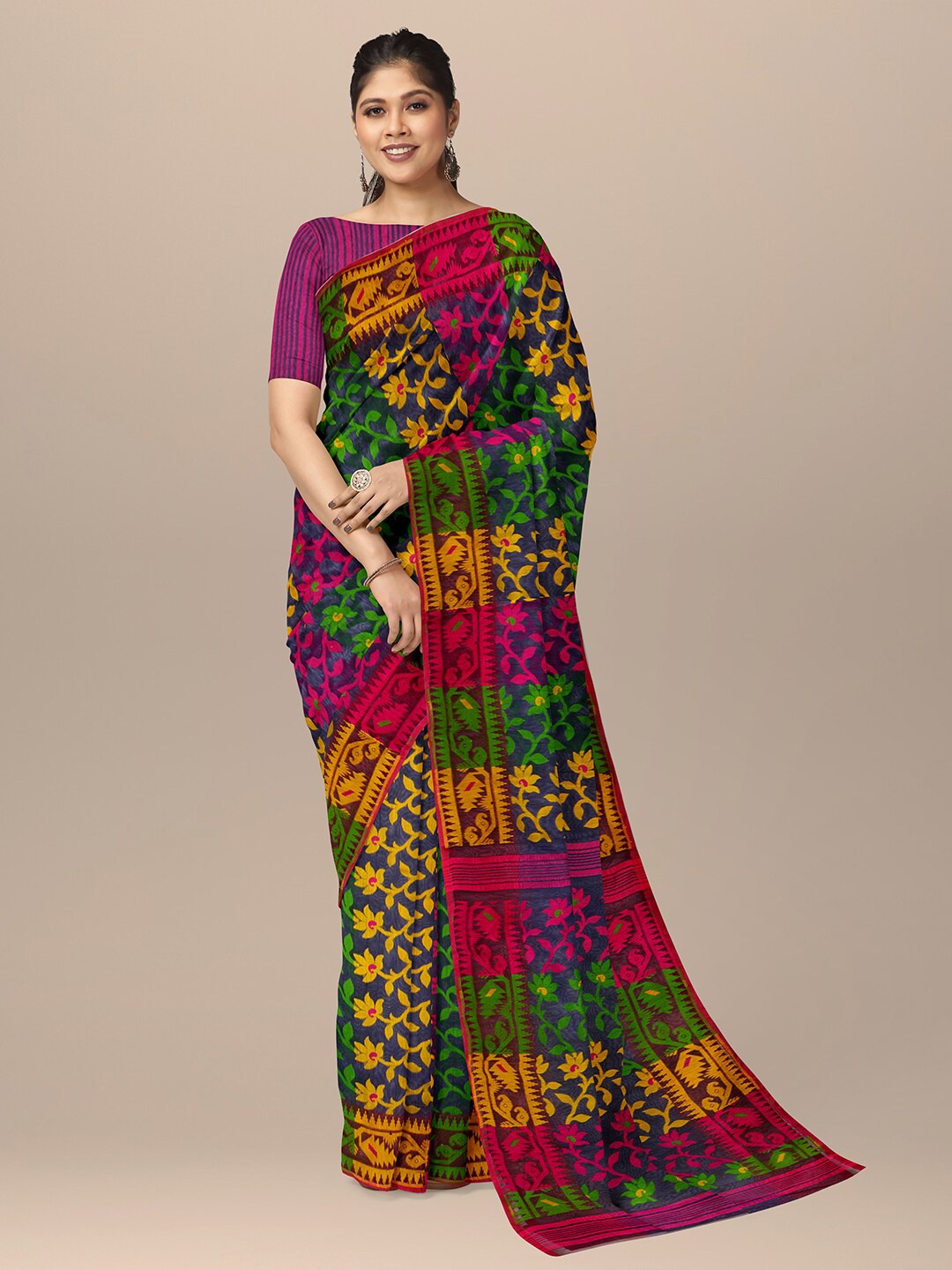 

SARIKA Floral Woven Design Pure Cotton Jamdani Saree, Blue