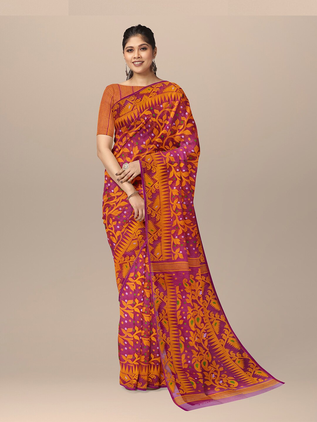 

SARIKA Woven Design Pure Cotton Jamdani Saree, Pink