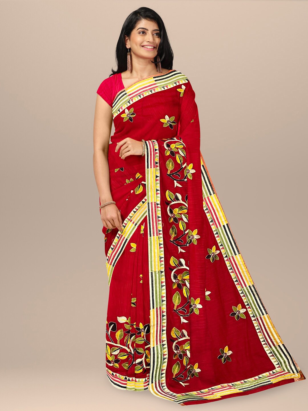 

SARIKA Floral Embroidered Pure Cotton Saree, Red