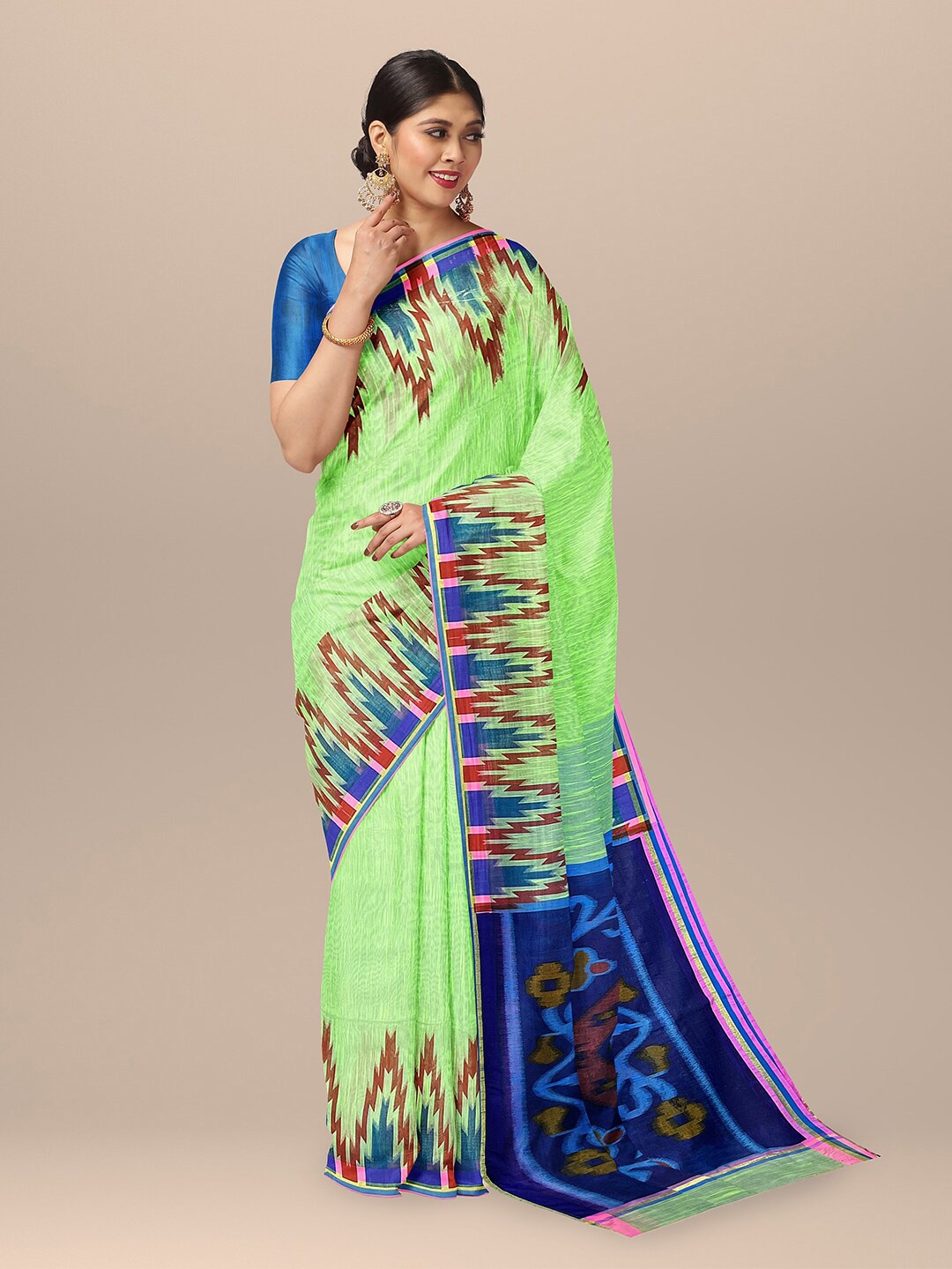 

SARIKA Geometric Printed Pure Cotton Saree, Lime green