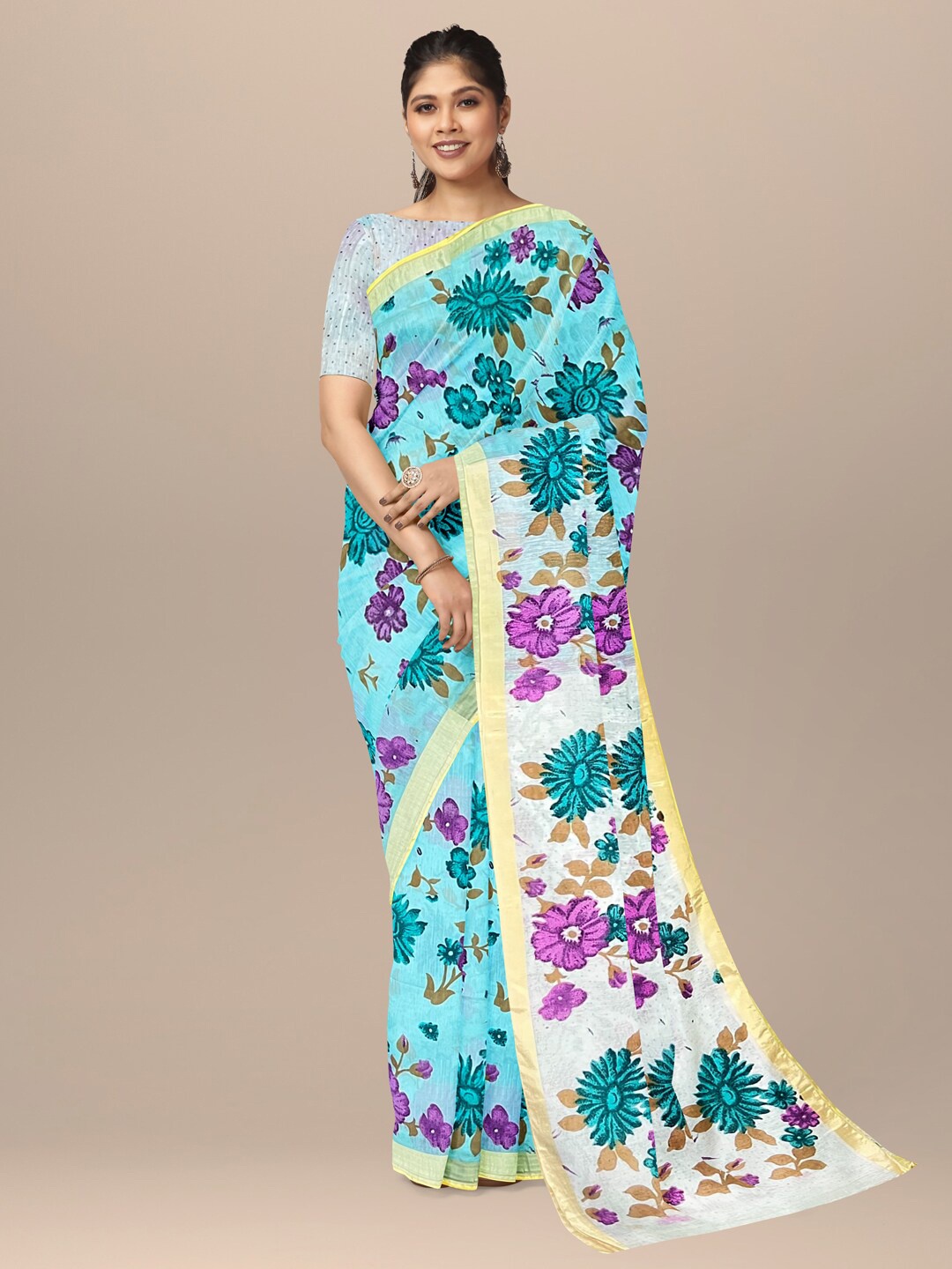 

SARIKA Floral Printed Pure Cotton Saree, Sea green