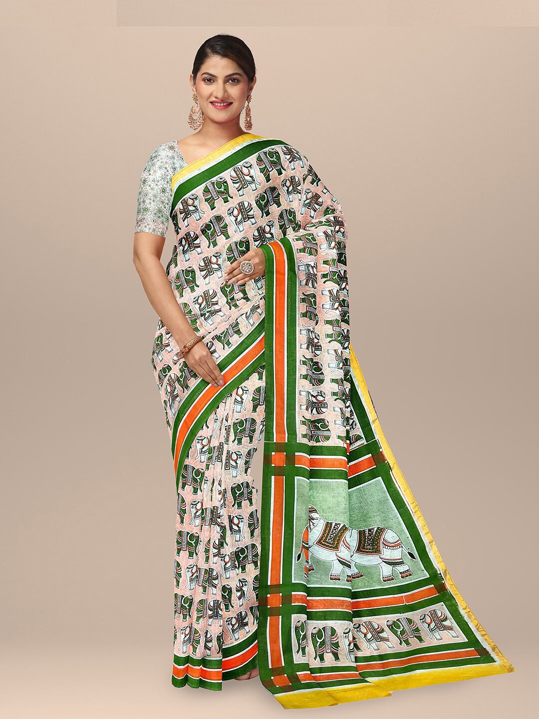 

SARIKA Ethnic Motifs Printed Pure Cotton Saree, Green