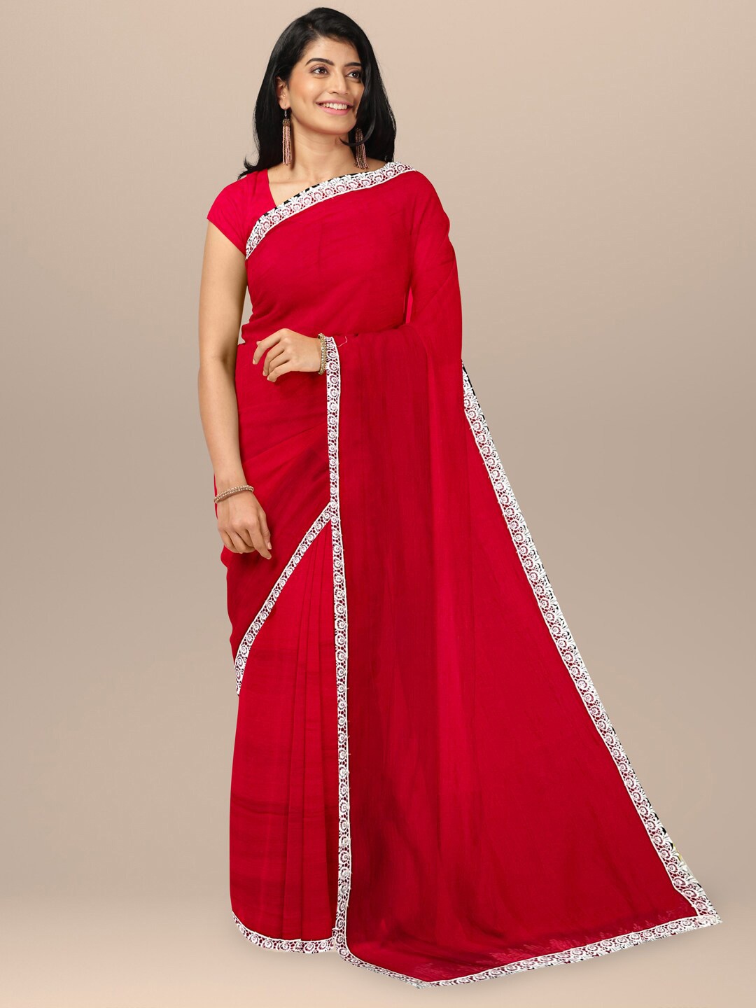 

SARIKA Lace Detail Pure Cotton Saree, Red