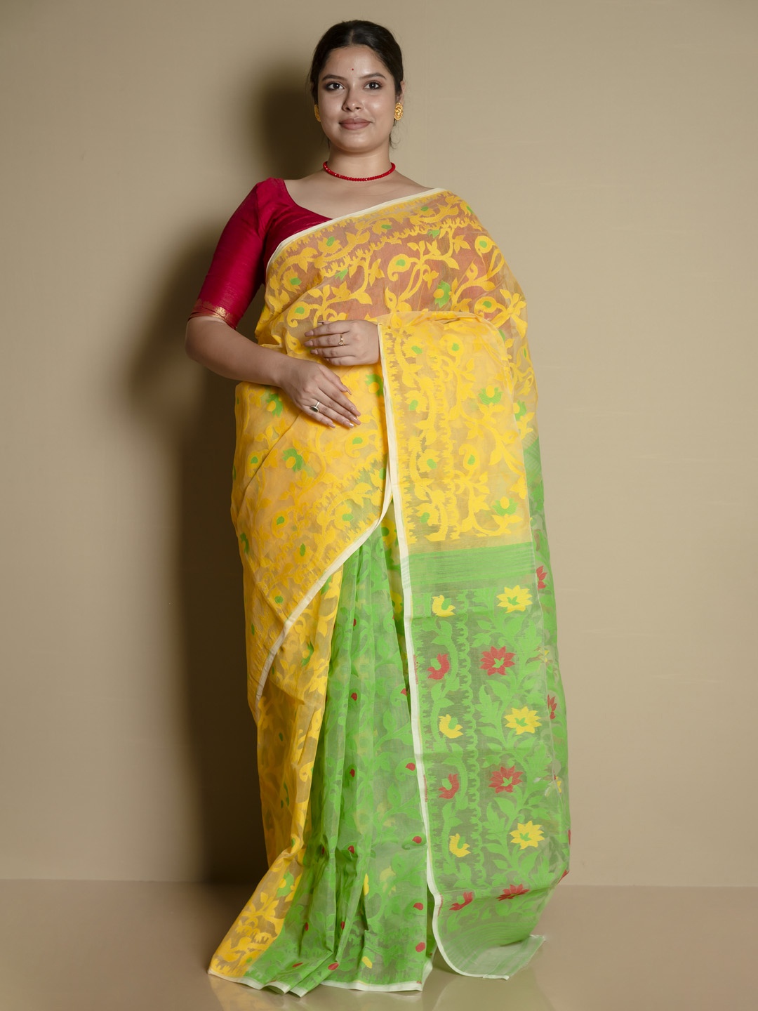 

SARIKA Ethnic Motifs Woven Design Pure Cotton Jamdani Saree, Yellow