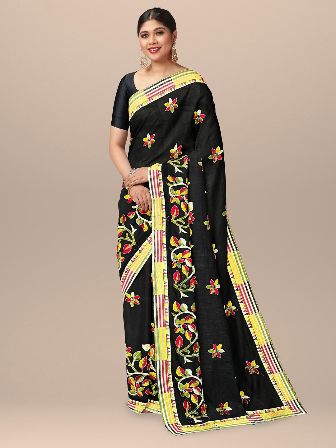 

SARIKA Floral Printed Pure Cotton Saree, Black