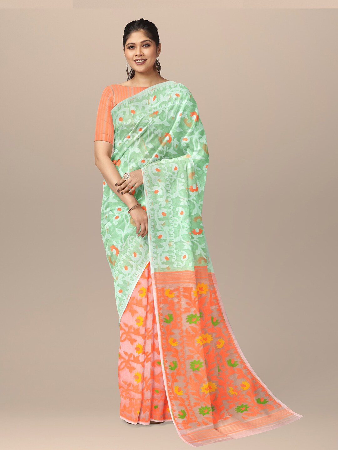 

SARIKA Floral Woven Design Pure Cotton Jamdani Saree, Sea green