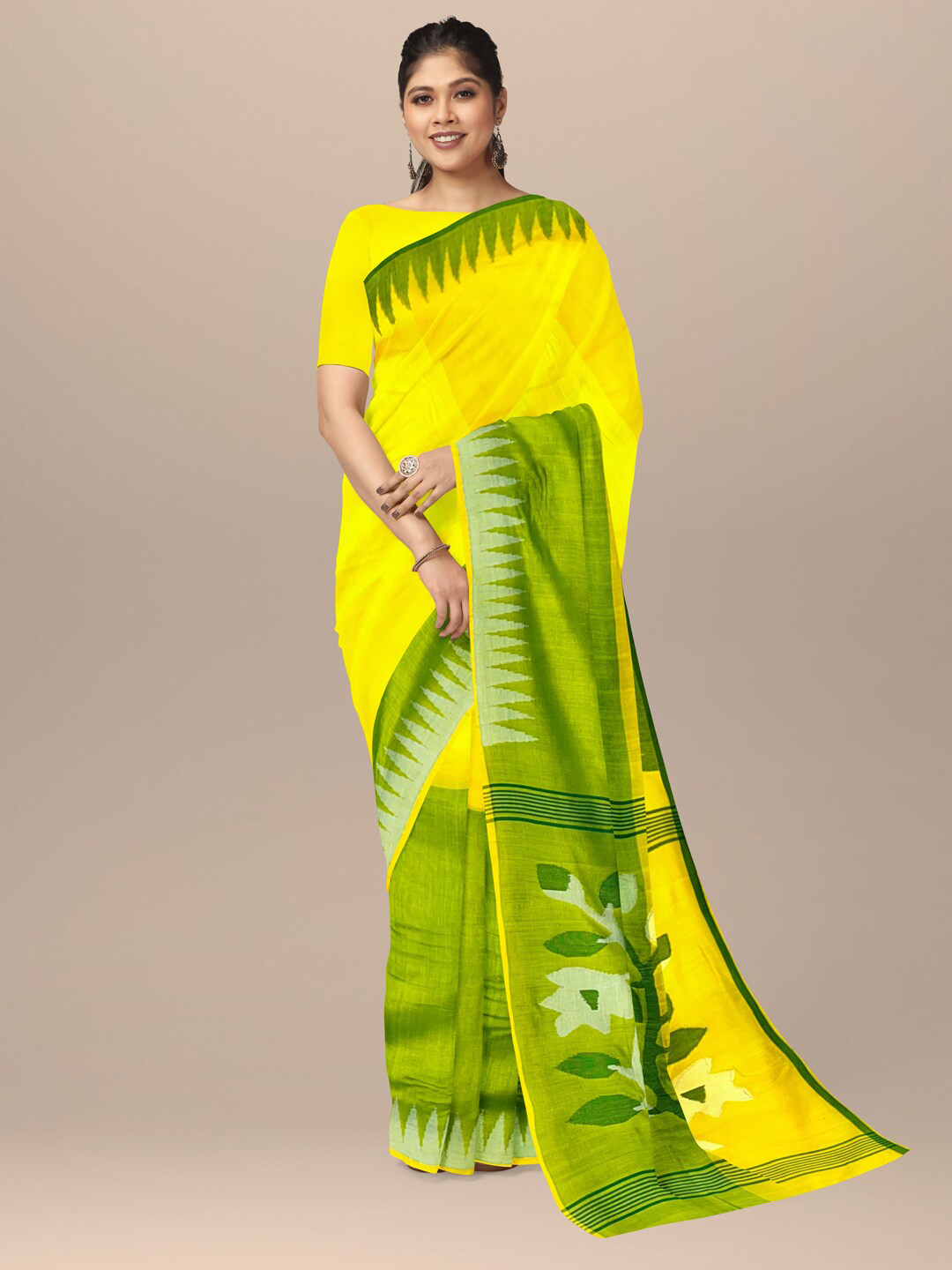 

SARIKA Geometric Printed Pure Cotton Saree, Yellow