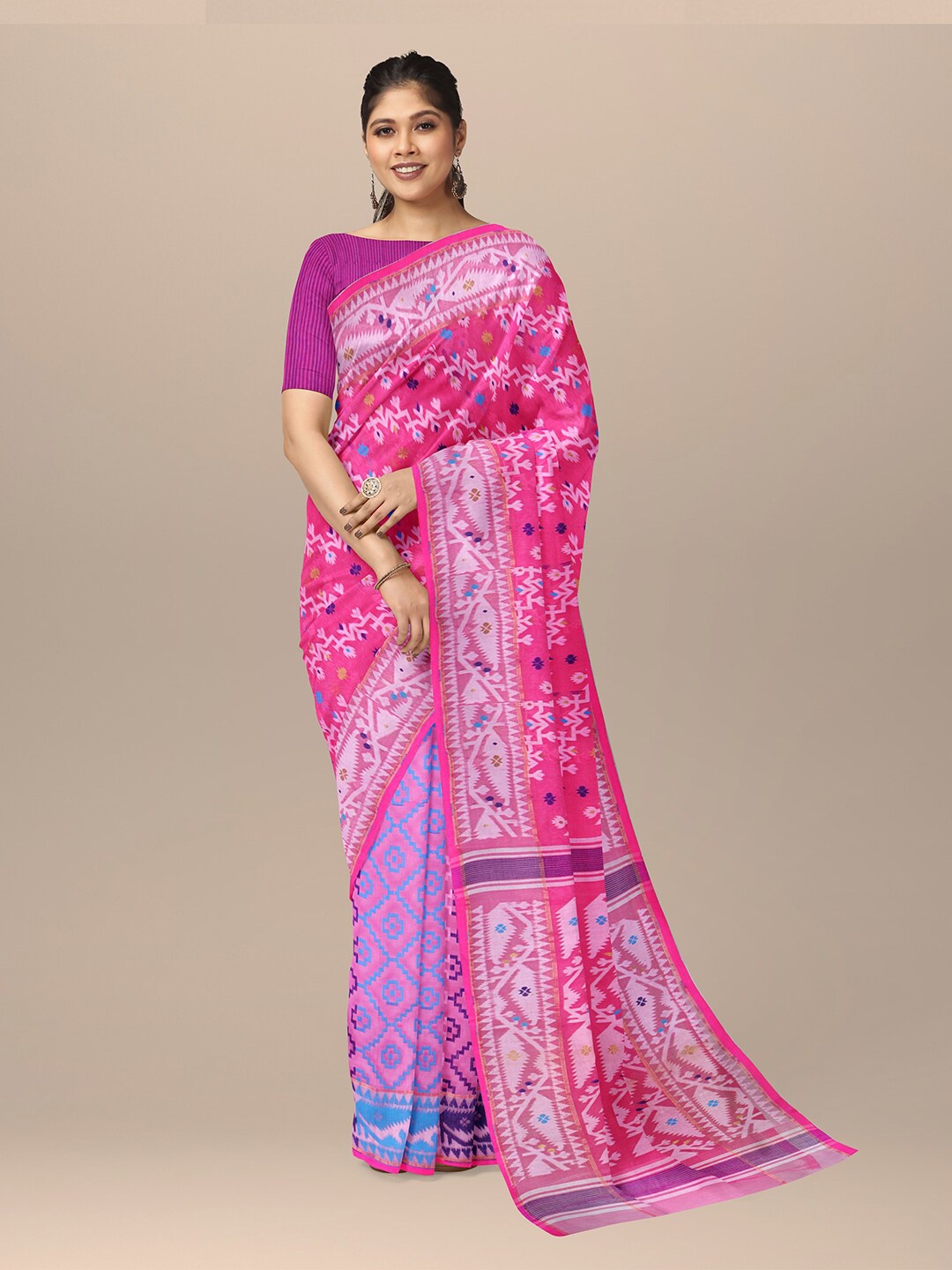 

SARIKA Ethnic Motifs Woven Design Pure Cotton Jamdani Saree, Pink