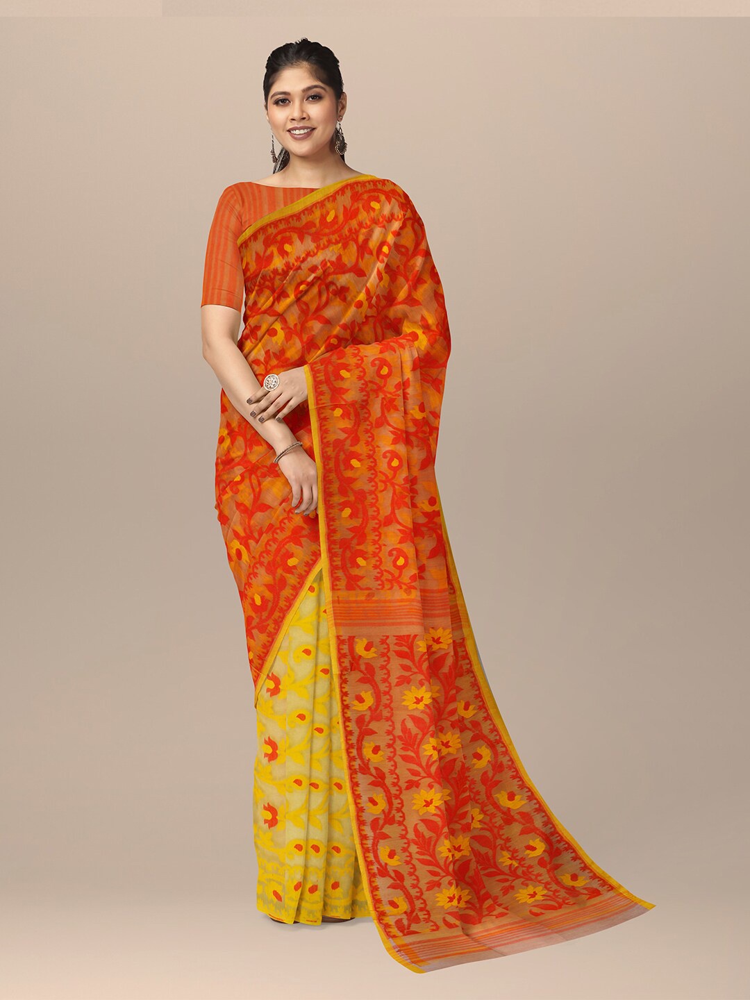 

SARIKA Floral Woven Design Half & Half Pure Cotton Jamdani Saree, Yellow