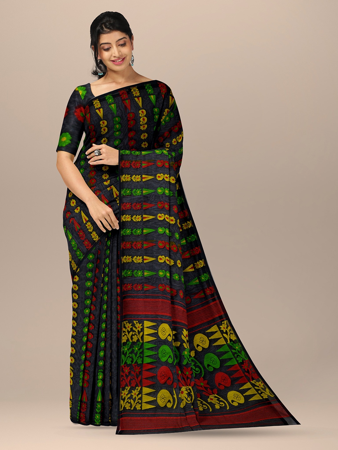 

SARIKA Floral Woven Design Pure Cotton Jamdani Saree, Black