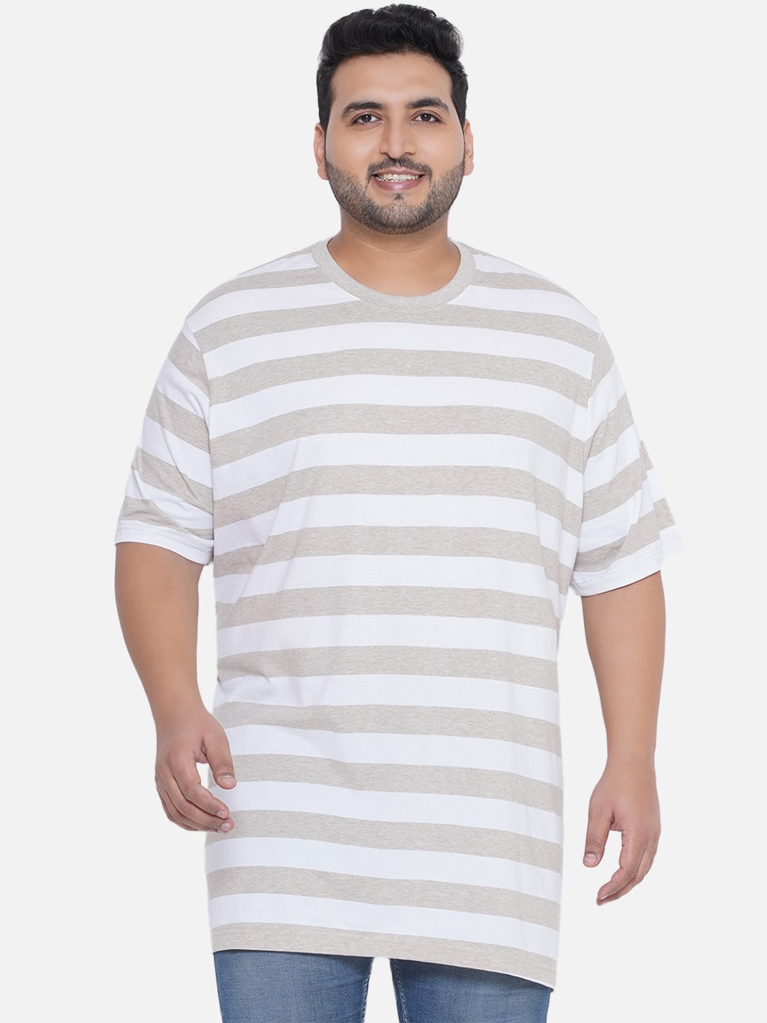 

Santonio Plus Size Striped Pure Cotton T-shirt, Beige