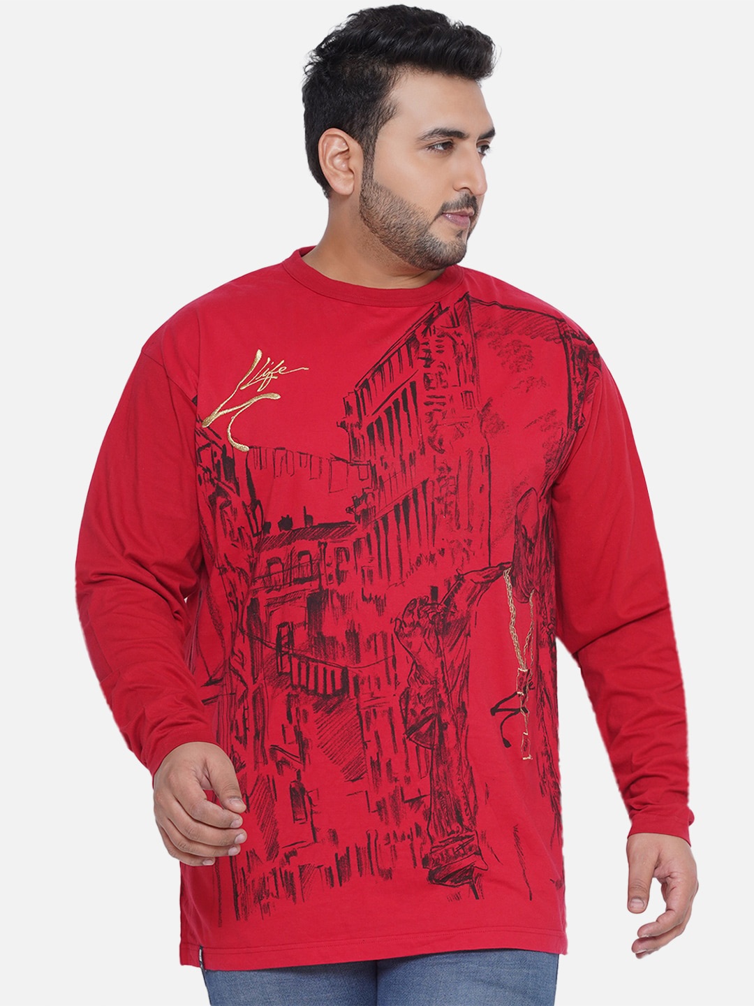 

Santonio Plus Size Graphic Printed Pure Cotton T-shirt, Red