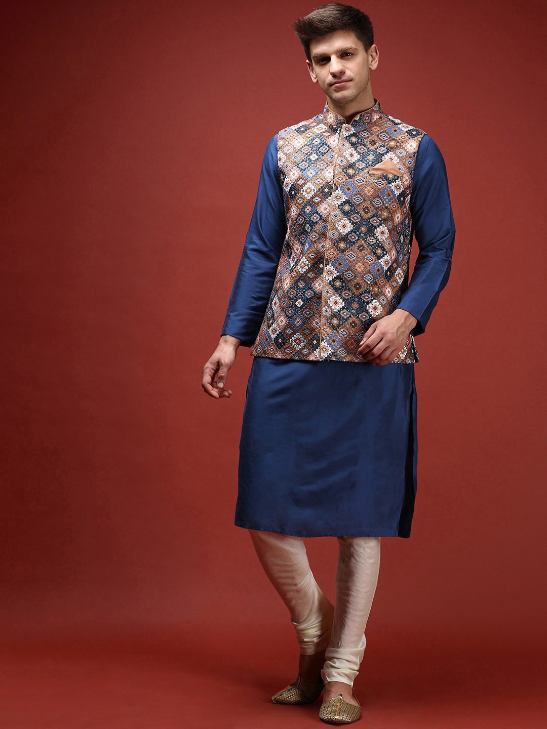 

KISAH Mandarin Collar Straight Kurta & Churidar With Nehru jacket, Blue