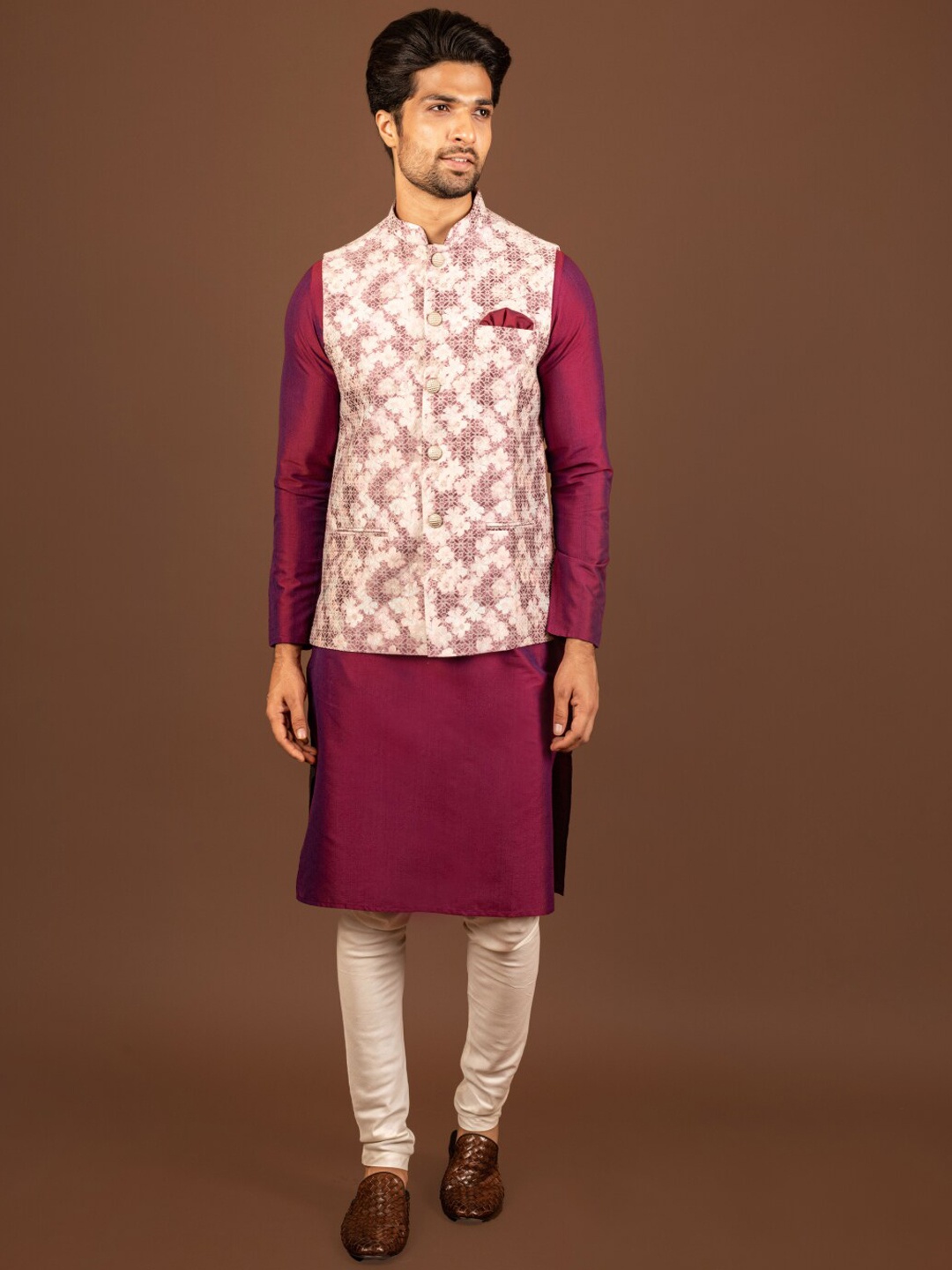 

KISAH Pink Mandarin Collar Straight Kurta & Churidar With Nehru jacket