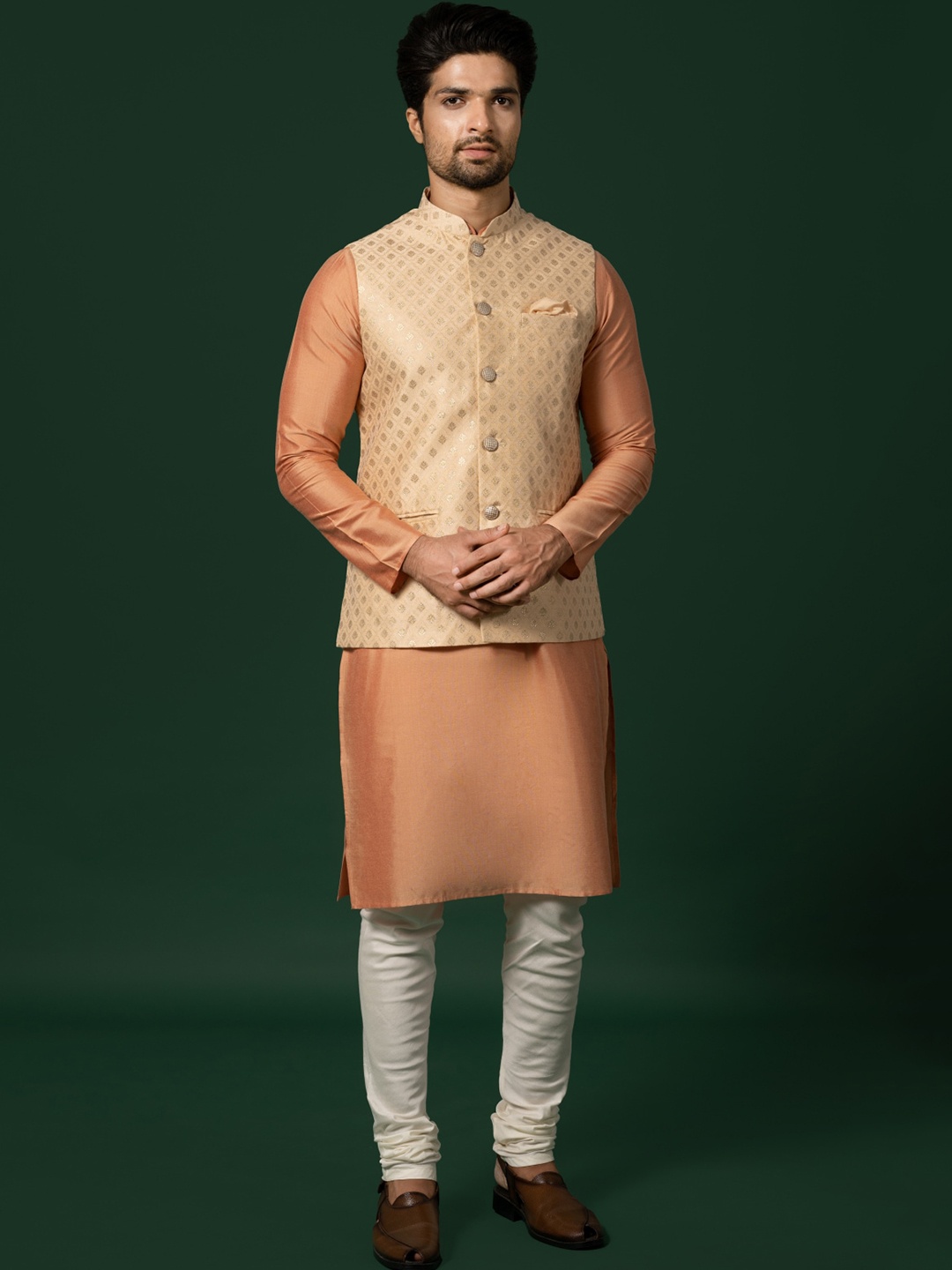 

KISAH Mandarin Collar Straight Kurta & Churidar With Nehru jacket, Peach