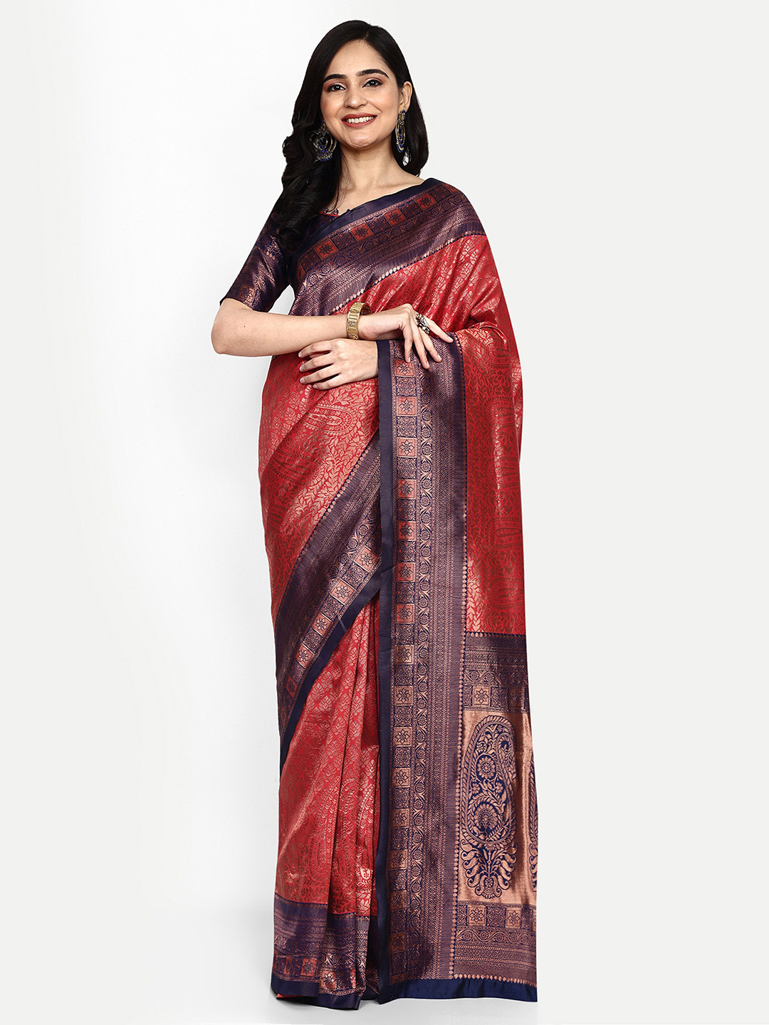 

ALMAARI FASHION Paisley Woven Design Zari Pure Silk Kanjeevaram Saree, Maroon