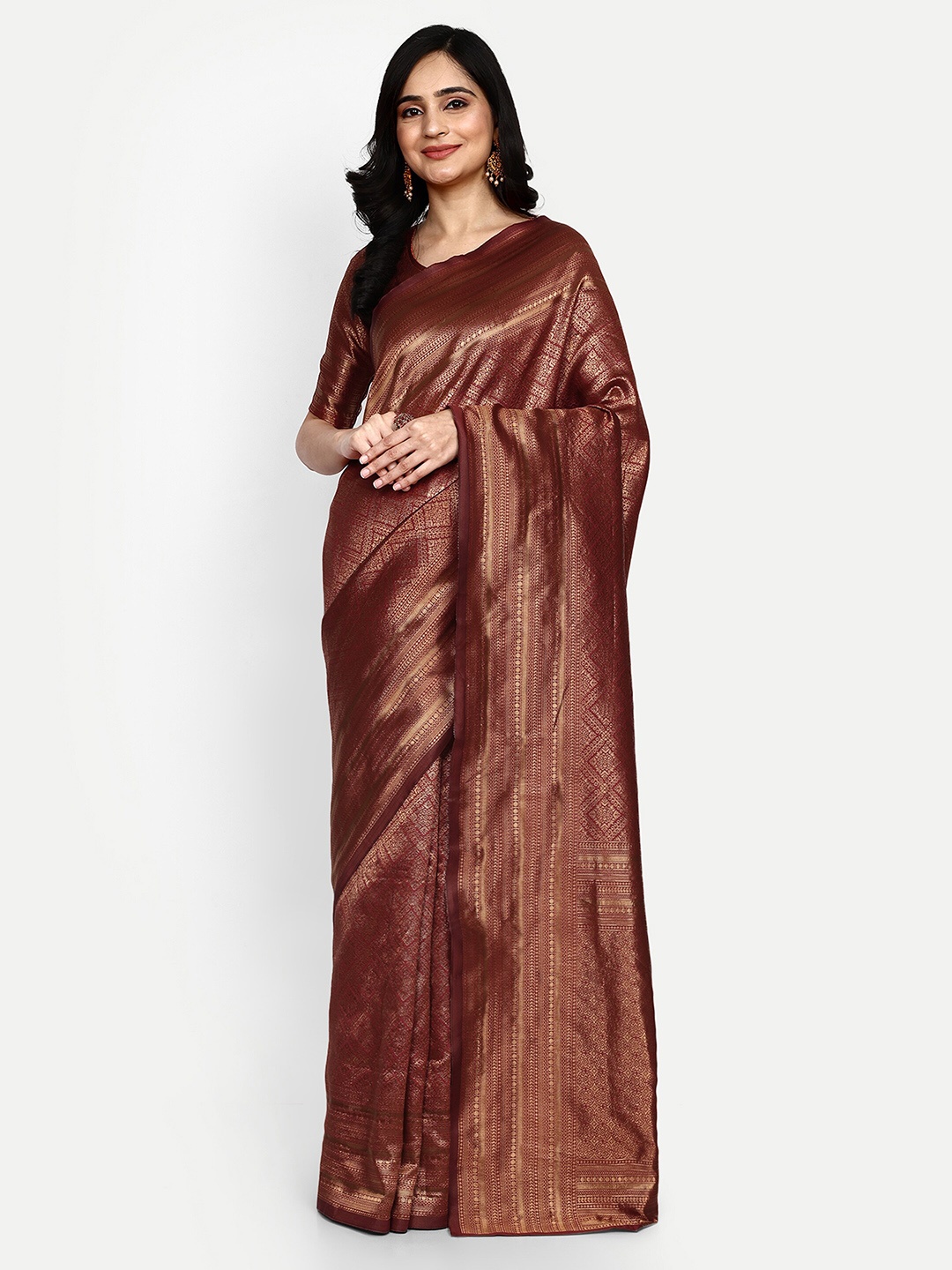 

ALMAARI FASHION Ethnic Motifs Woven Design Zari Pure Silk Kanjeevaram Saree, Maroon
