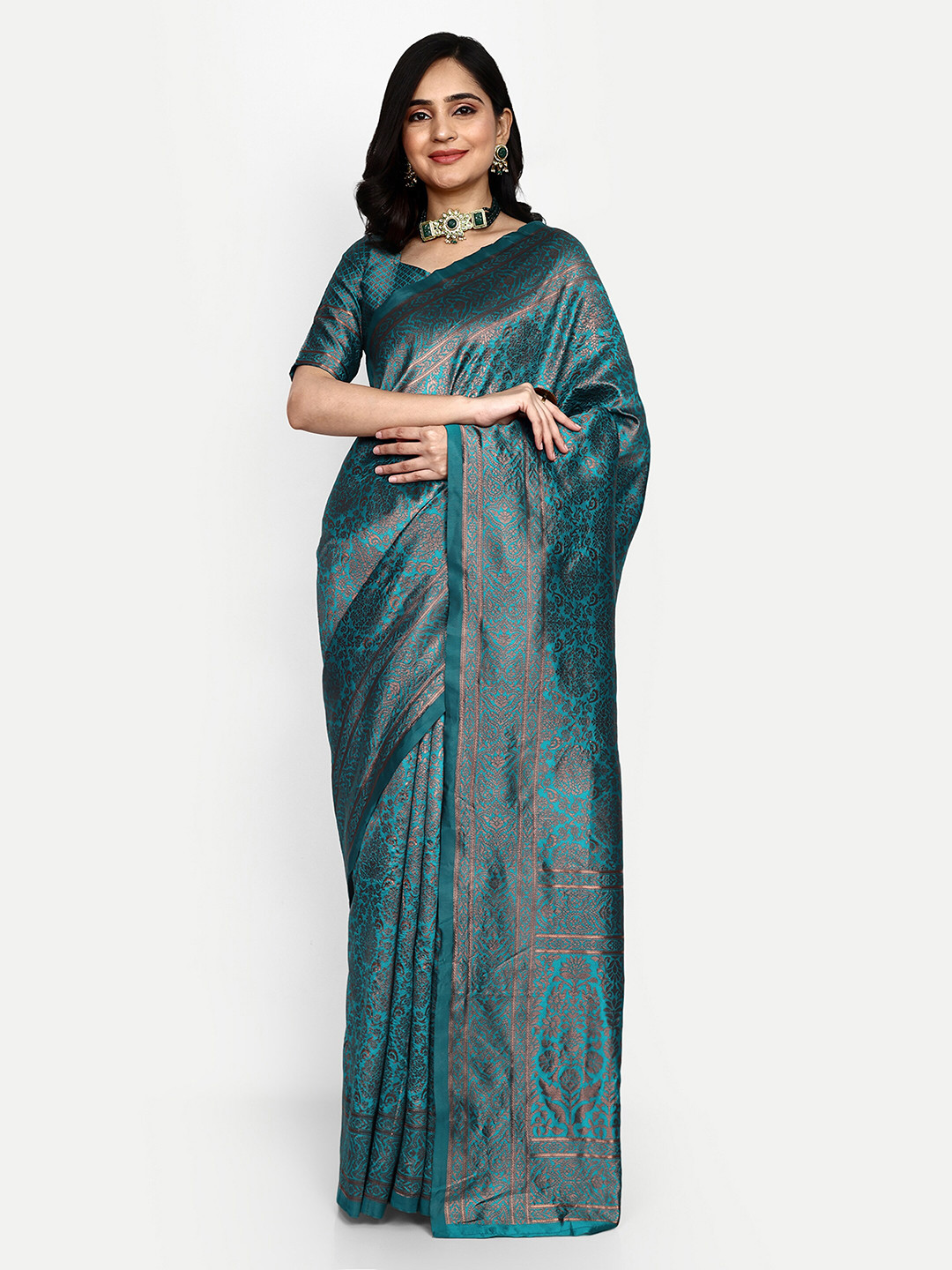 

ALMAARI FASHION Ethnic Motifs Woven Design Zari Pure Silk Kanjeevaram Saree, Green