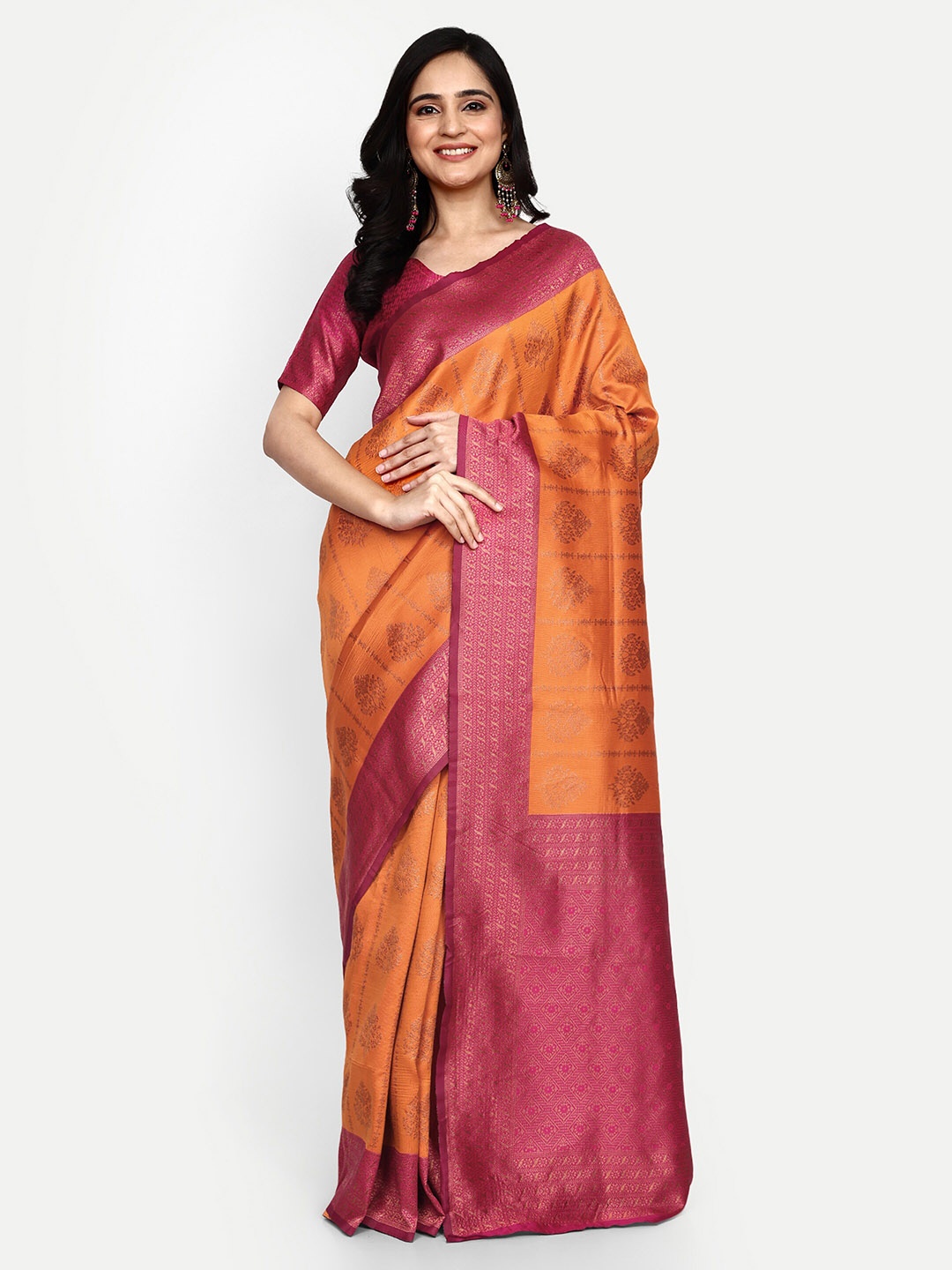 

ALMAARI FASHION Ethnic Motifs Woven Design Zari Pure Silk Kanjeevaram Saree, Orange