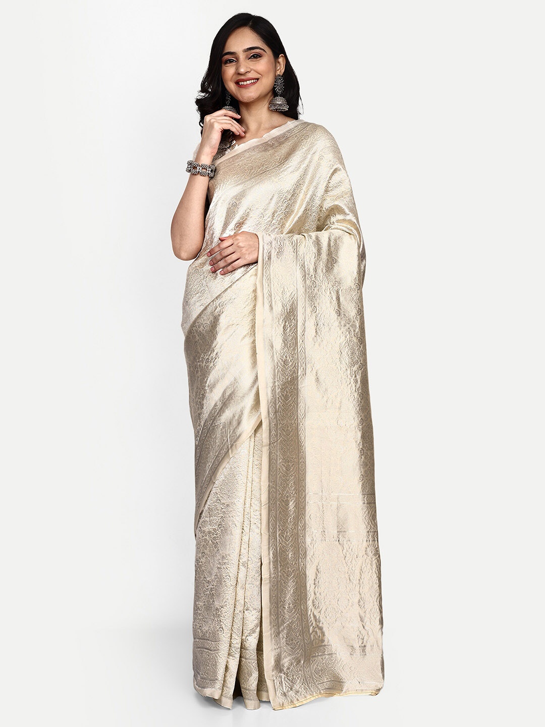 

ALMAARI FASHION Ethnic Motifs Woven Design Zari Pure Silk Kanjeevaram Saree, White