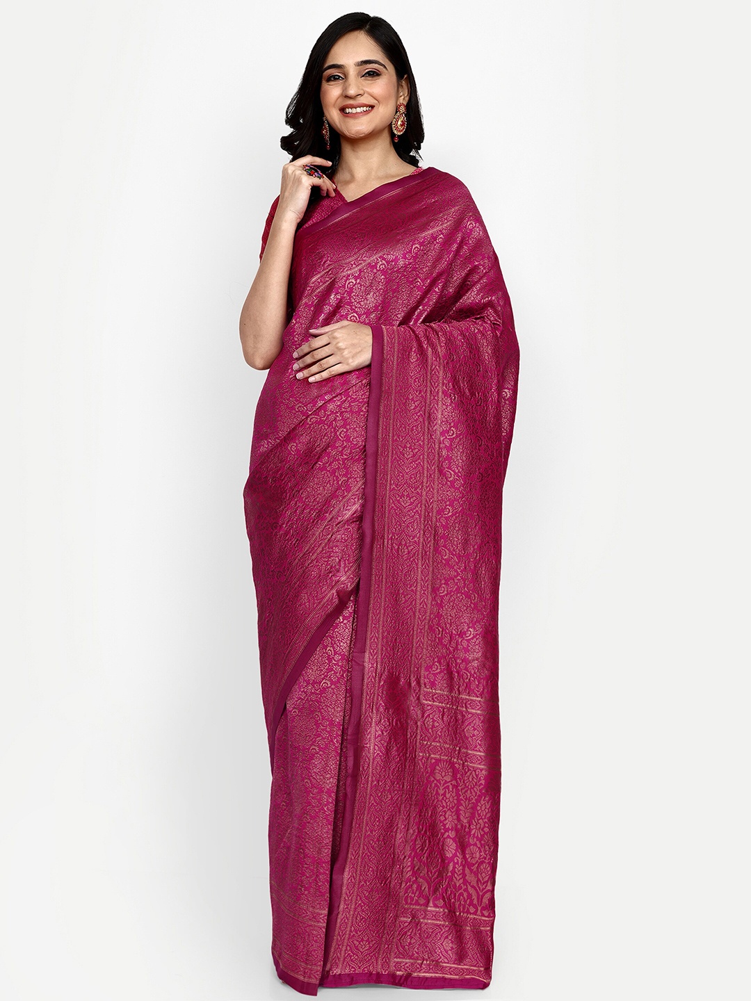 

ALMAARI FASHION Ethnic Motifs Woven Design Zari Pure Silk Kanjeevaram Saree, Pink