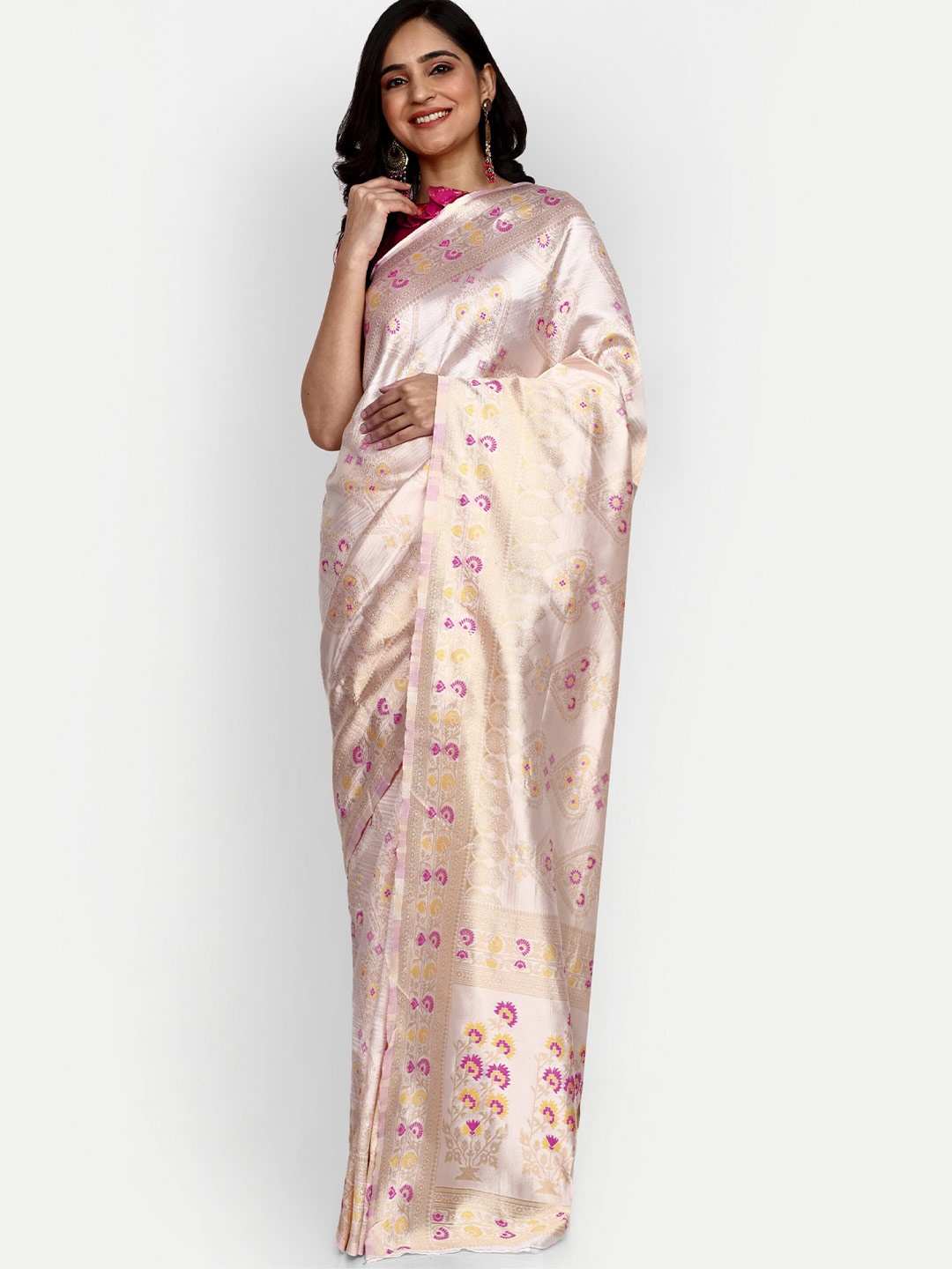 

ALMAARI FASHION Ethnic Motifs Woven Design Zari Pure Silk Kanjeevaram Saree, White