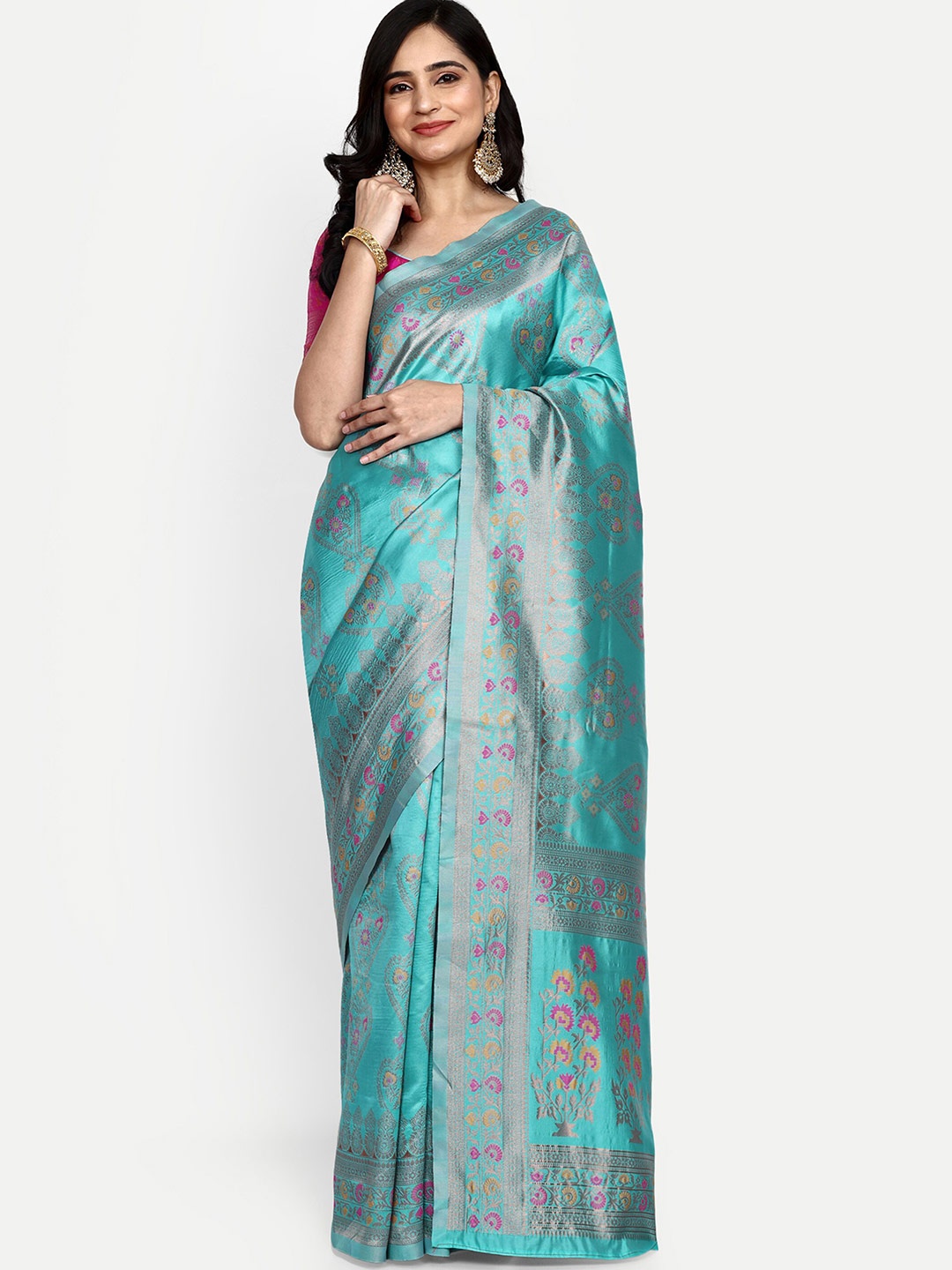 

ALMAARI FASHION Ethnic Motifs Woven Design Zari Pure Silk Kanjeevaram Saree, Turquoise blue