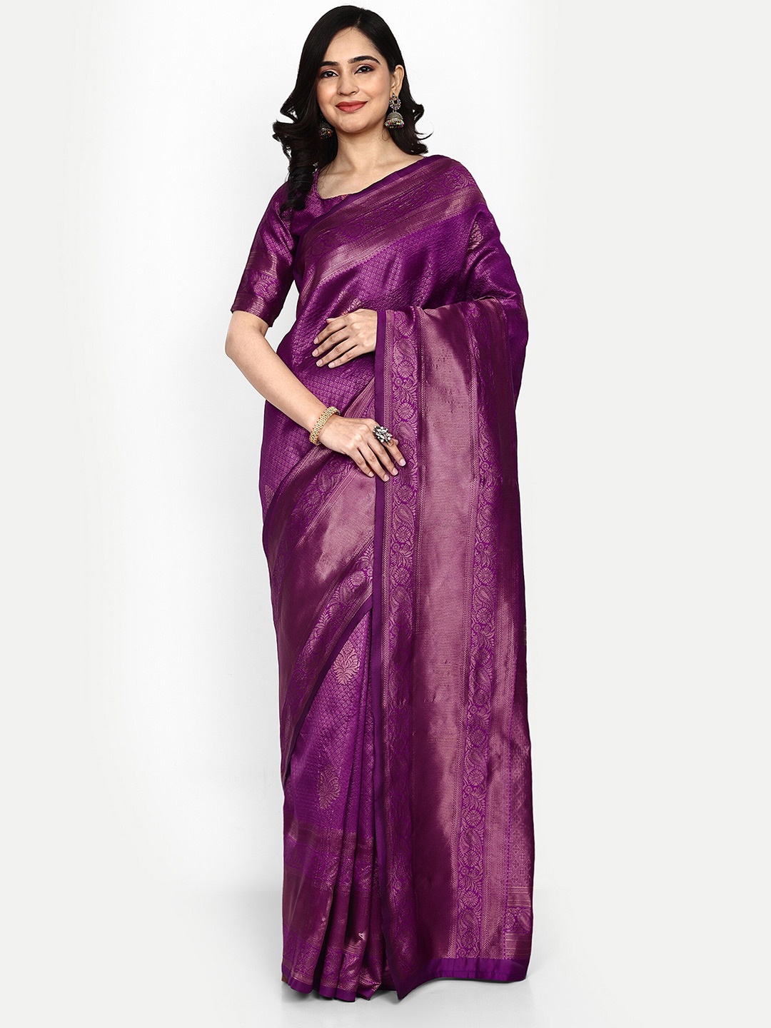 

ALMAARI FASHION Ethnic Motifs Woven Design Zari Pure Silk Kanjeevaram Saree, Purple