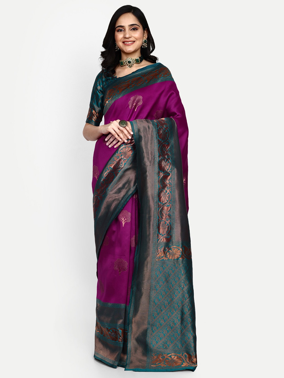 

ALMAARI FASHION Ethnic Motifs Woven Design Zari Pure Silk Kanjeevaram Saree, Purple