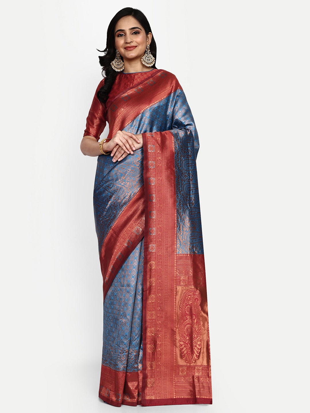 

ALMAARI FASHION Ethnic Motifs Woven Design Zari Pure Silk Kanjeevaram Saree, Blue