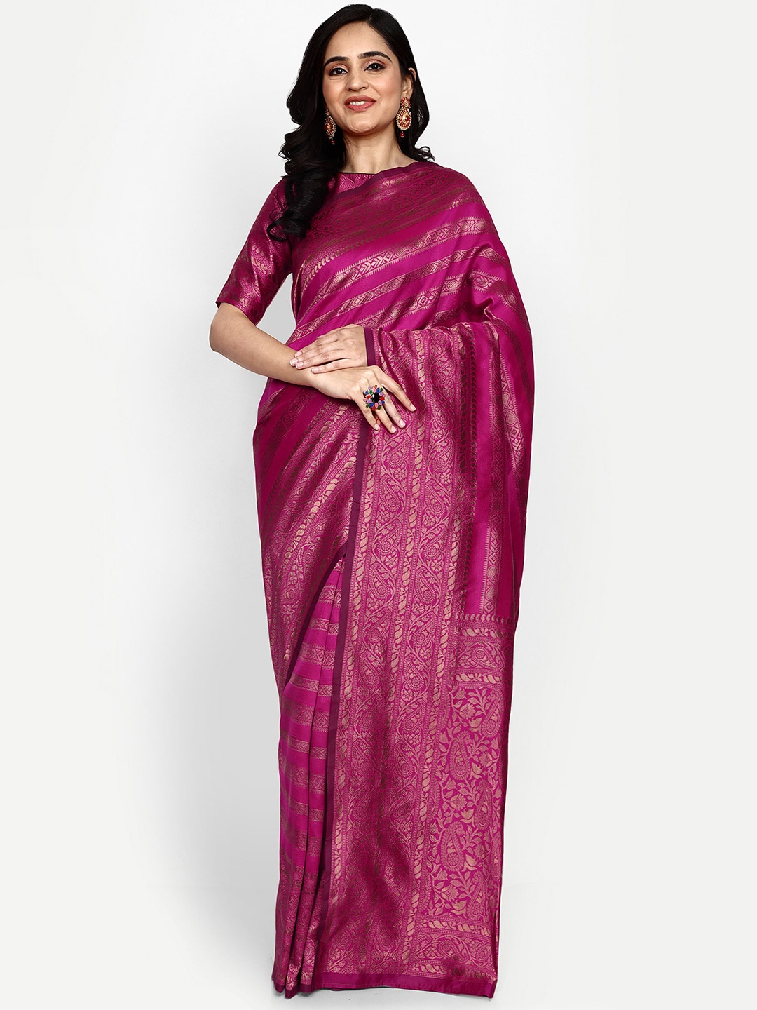 

ALMAARI FASHION Ethnic Motifs Woven Design Zari Pure Silk Kanjeevaram Saree, Pink